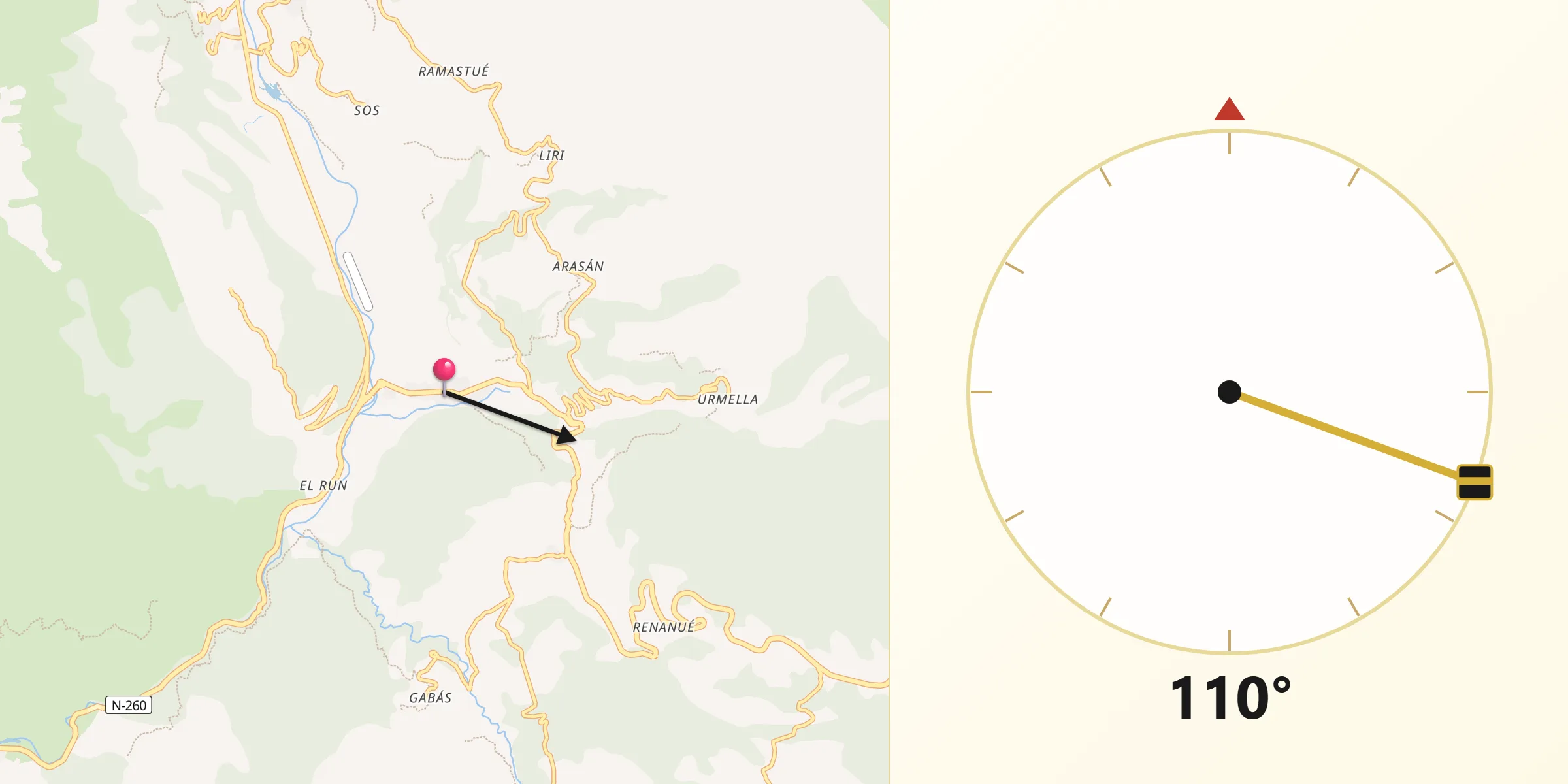 Dirección de la Qibla desde Castejón de Sos