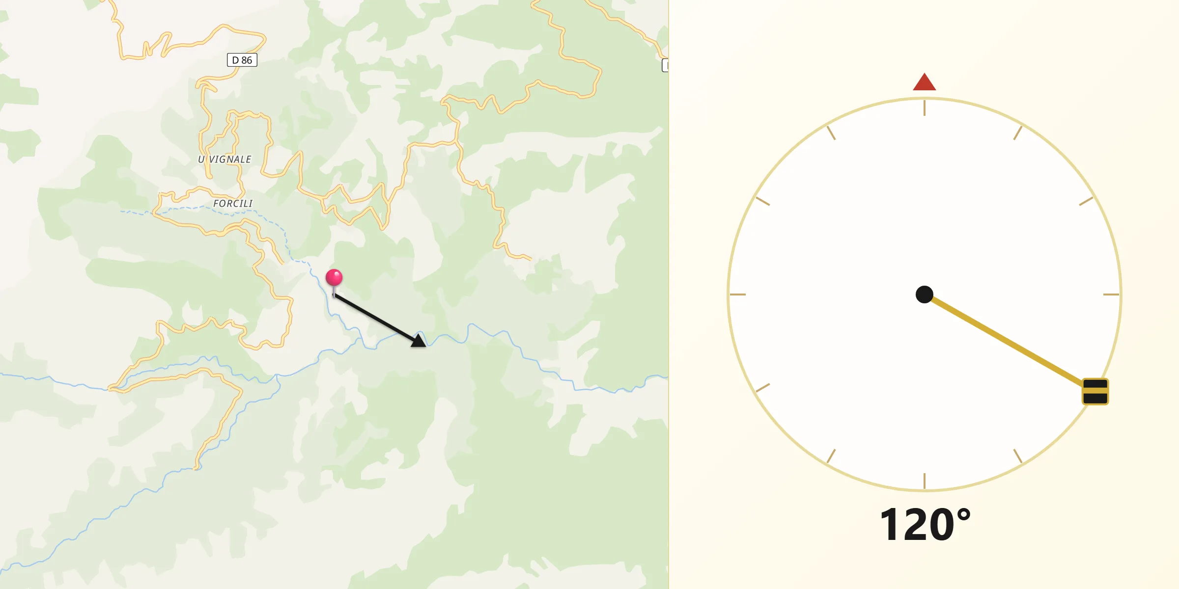 Direction vers la Qibla depuis Vallica