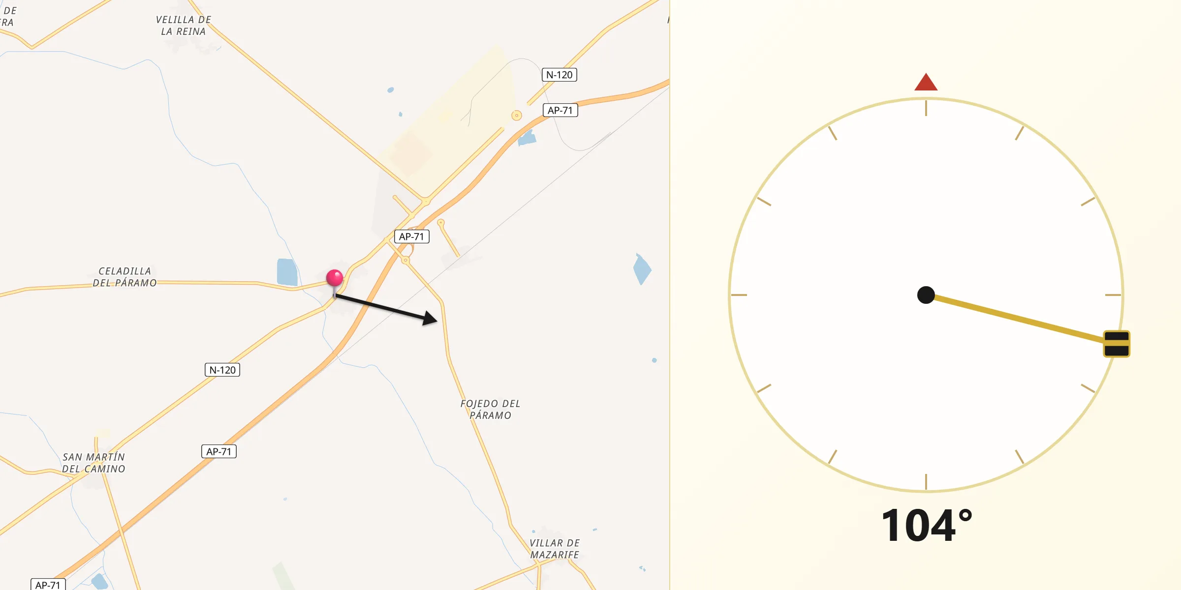 Dirección de la Qibla desde Villadangos del Páramo