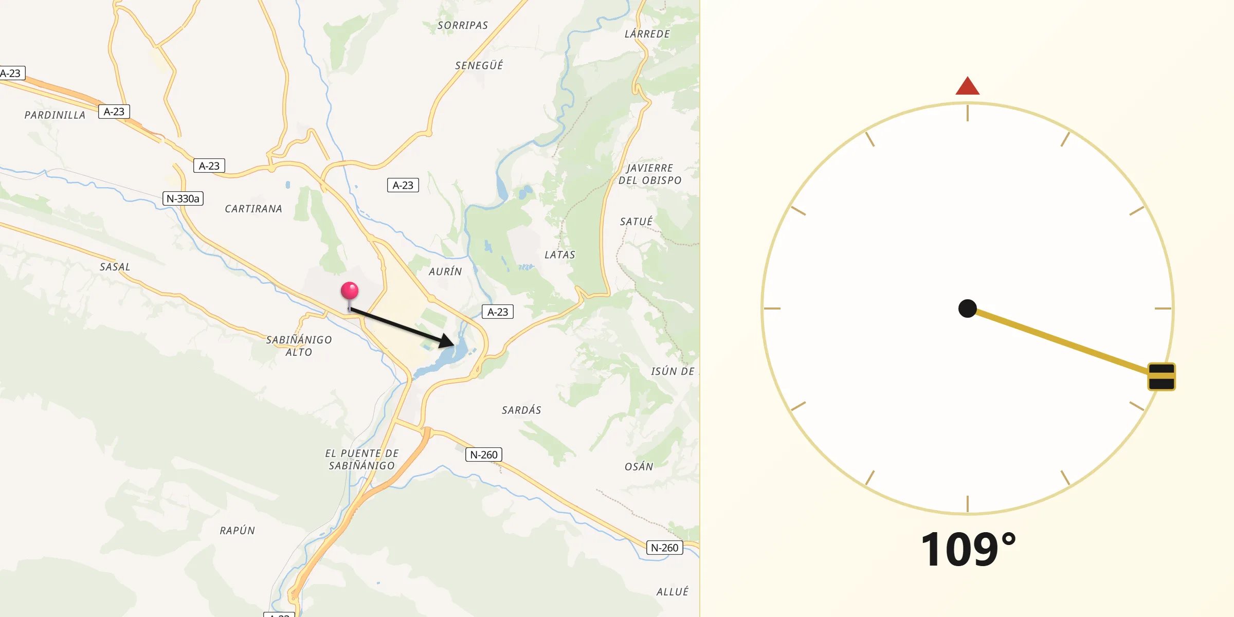 Dirección de la Qibla desde Sabiñánigo