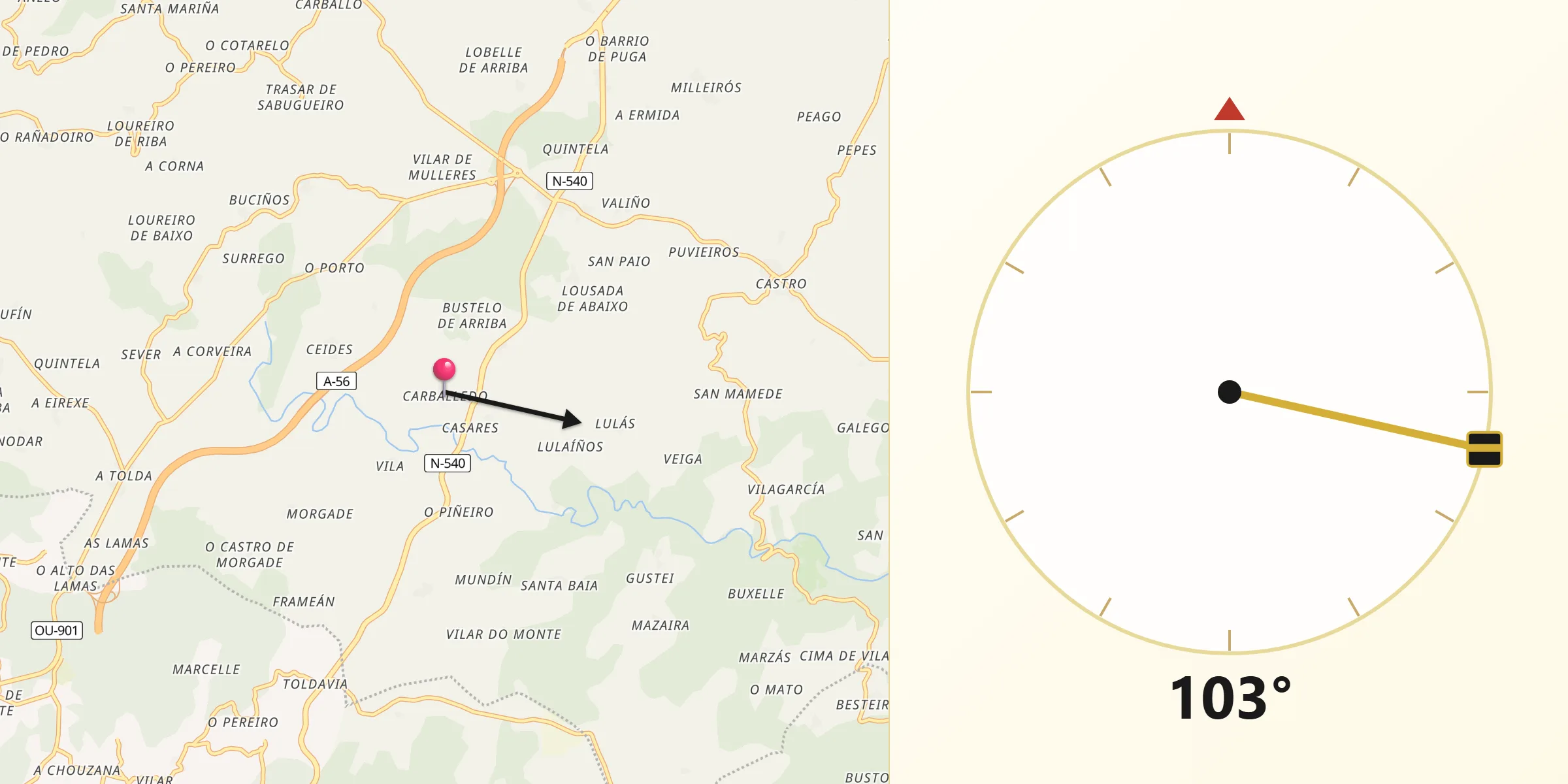 Dirección de la Qibla desde Carballedo
