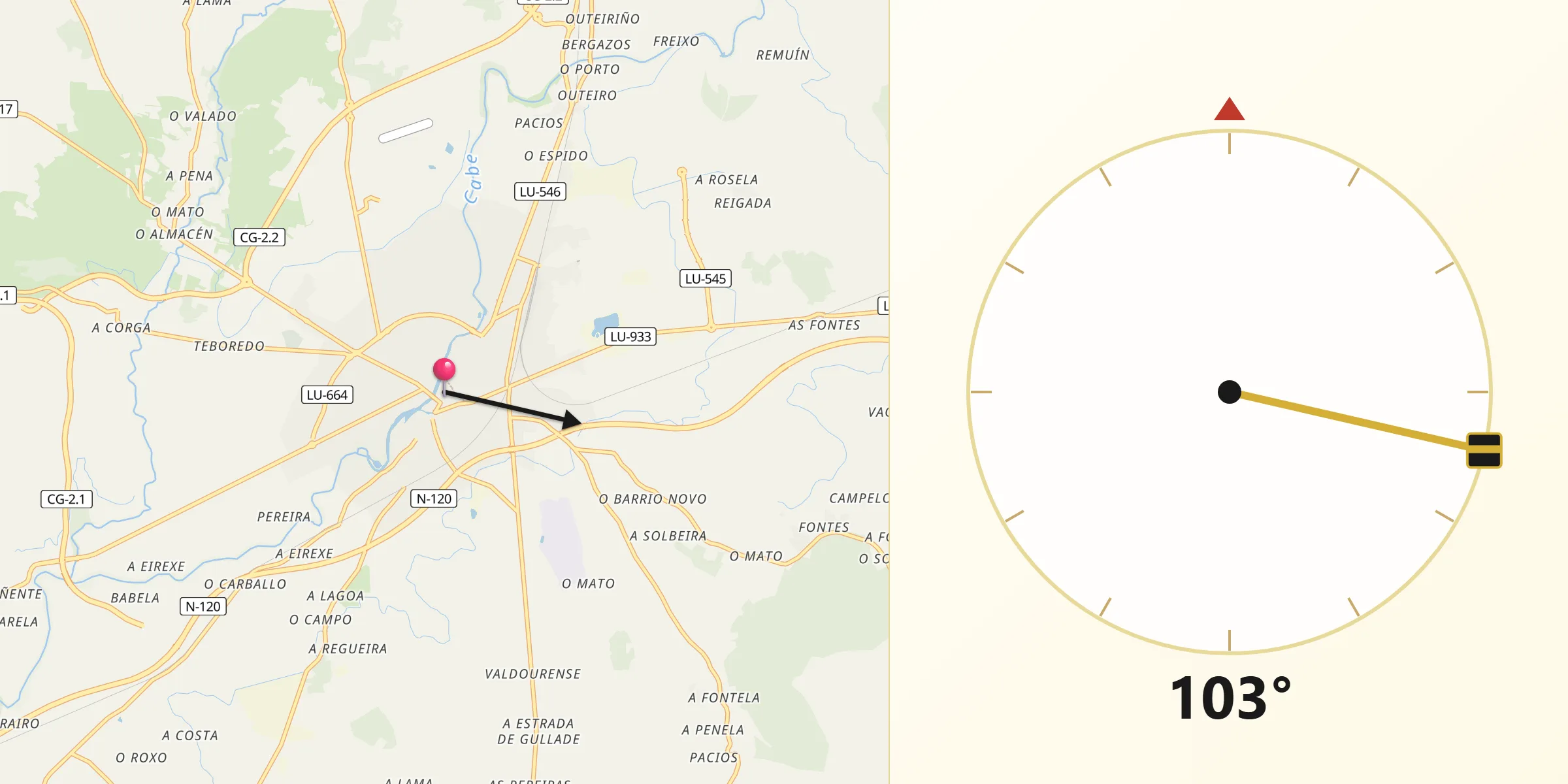 Dirección de la Qibla desde Monforte de Lemos