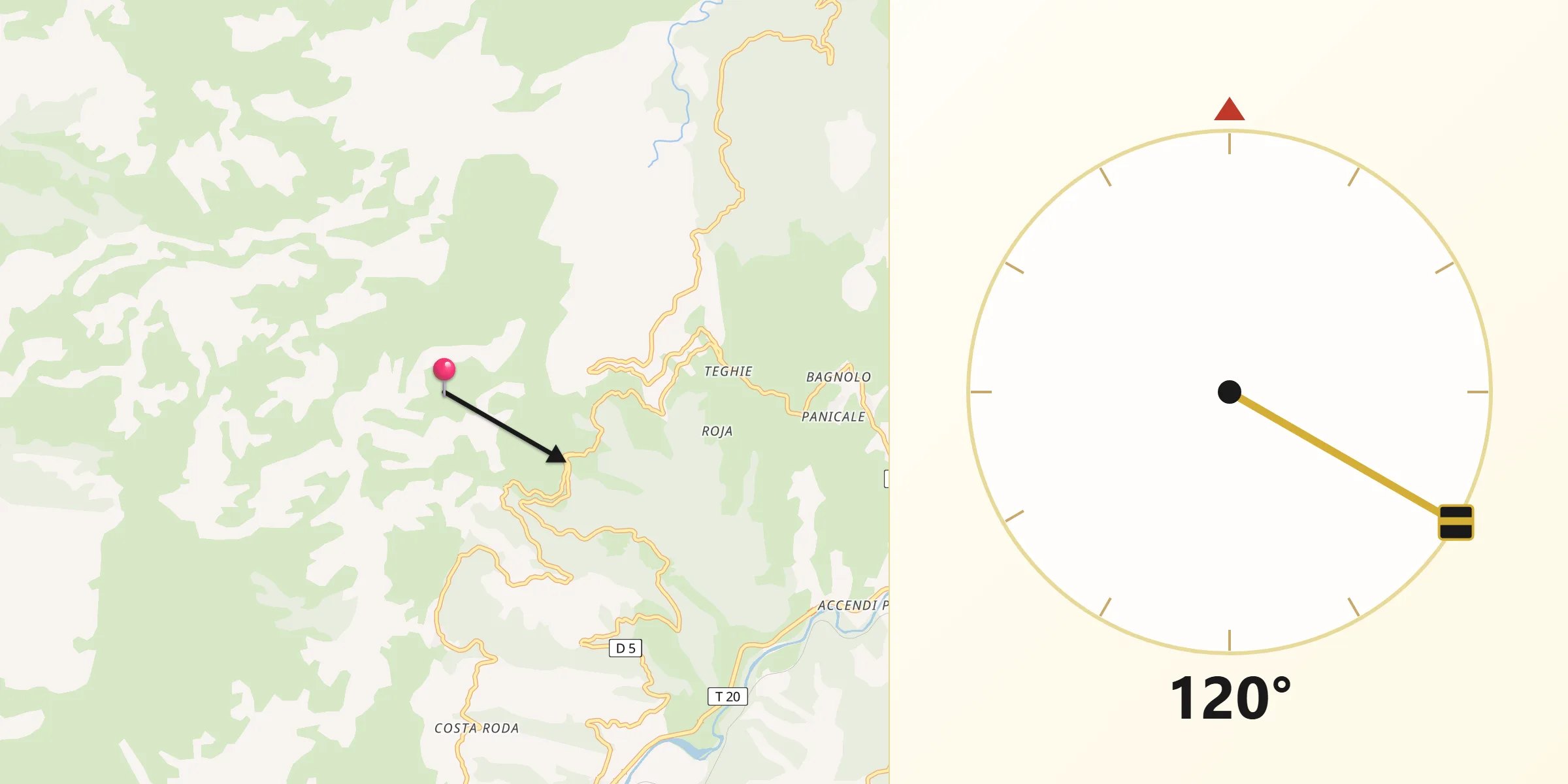 Direction vers la Qibla depuis Bigorno