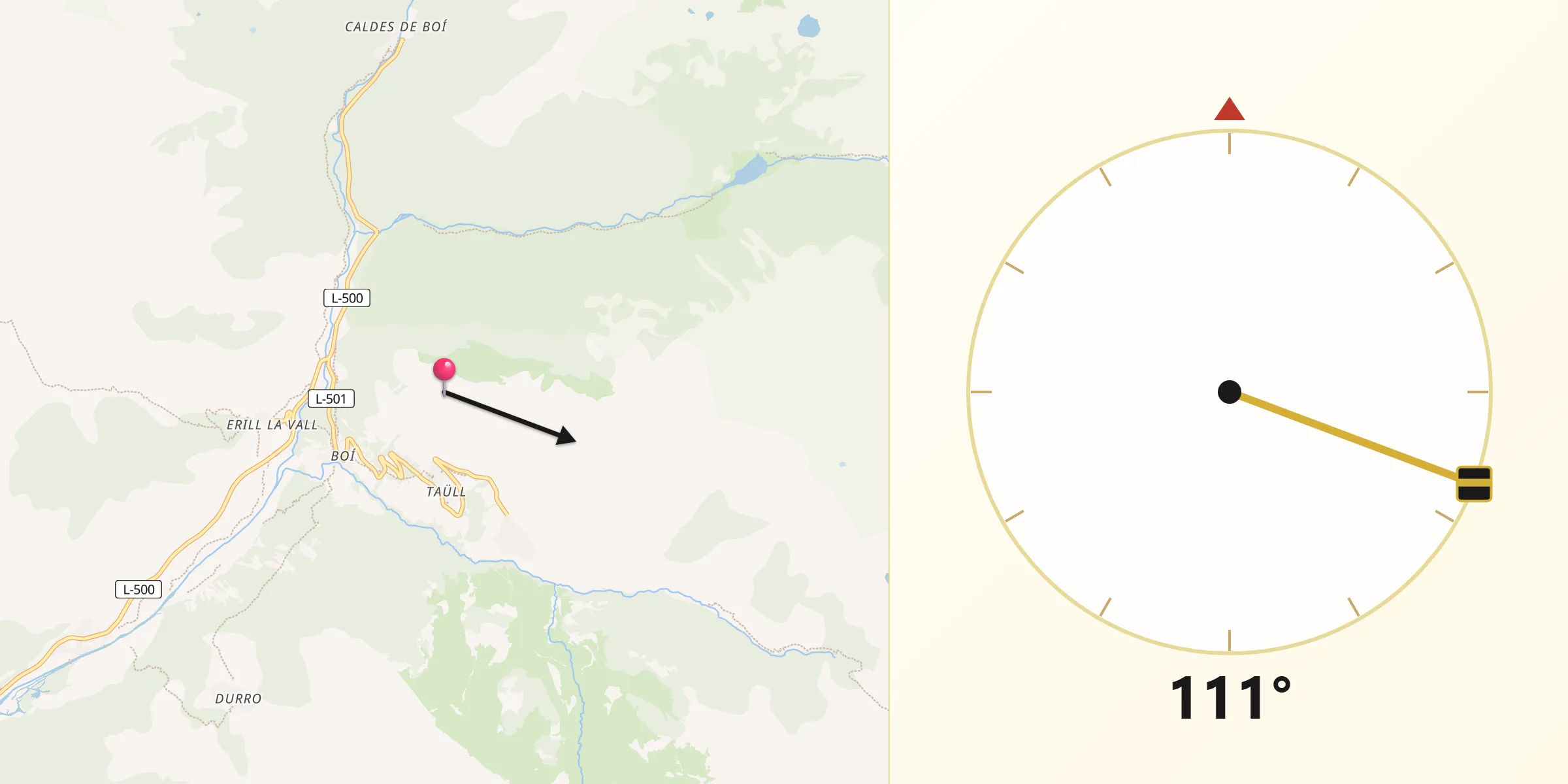 Dirección de la Qibla desde La Vall de Boí