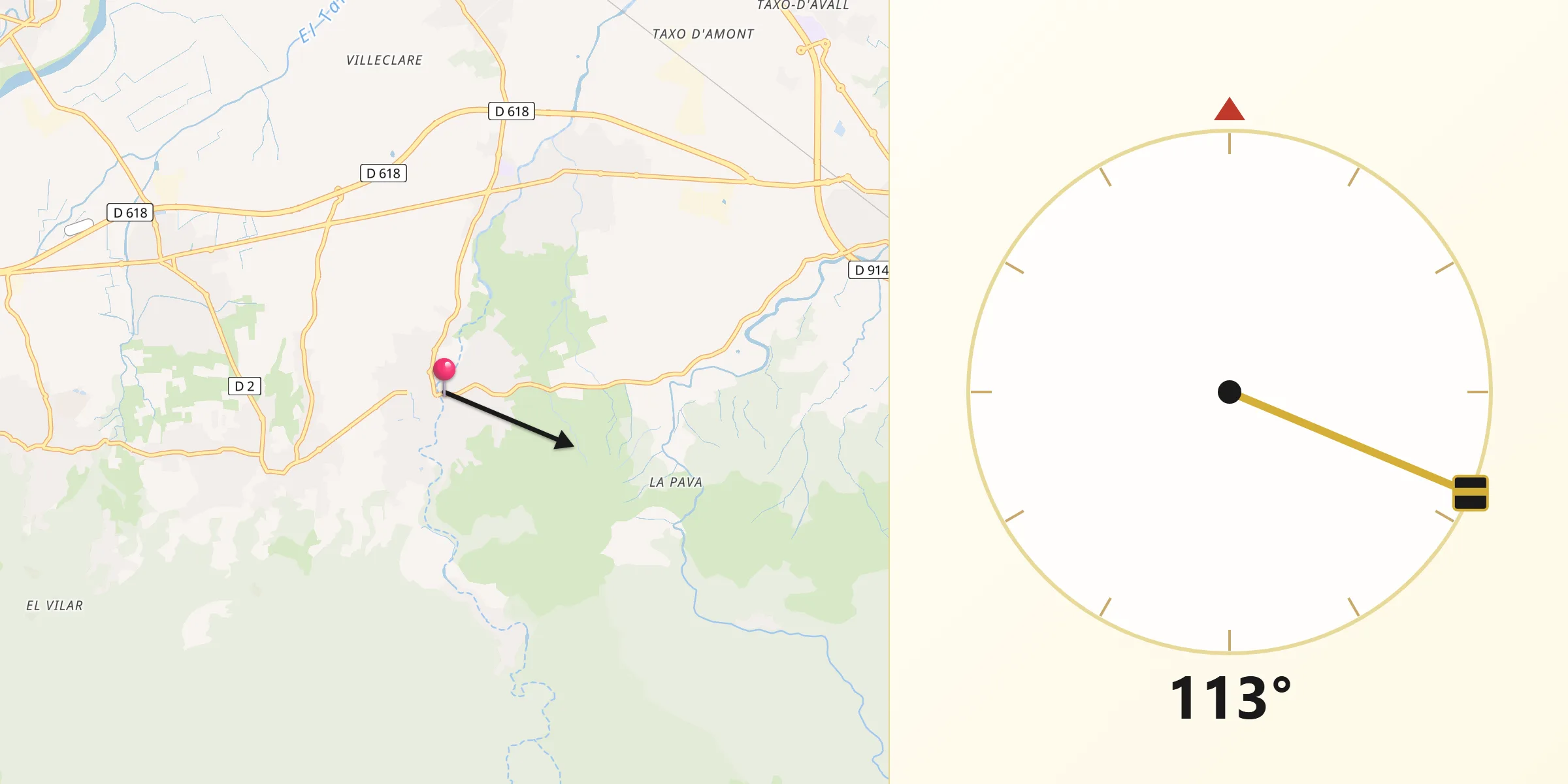 Direction vers la Qibla depuis Sorède