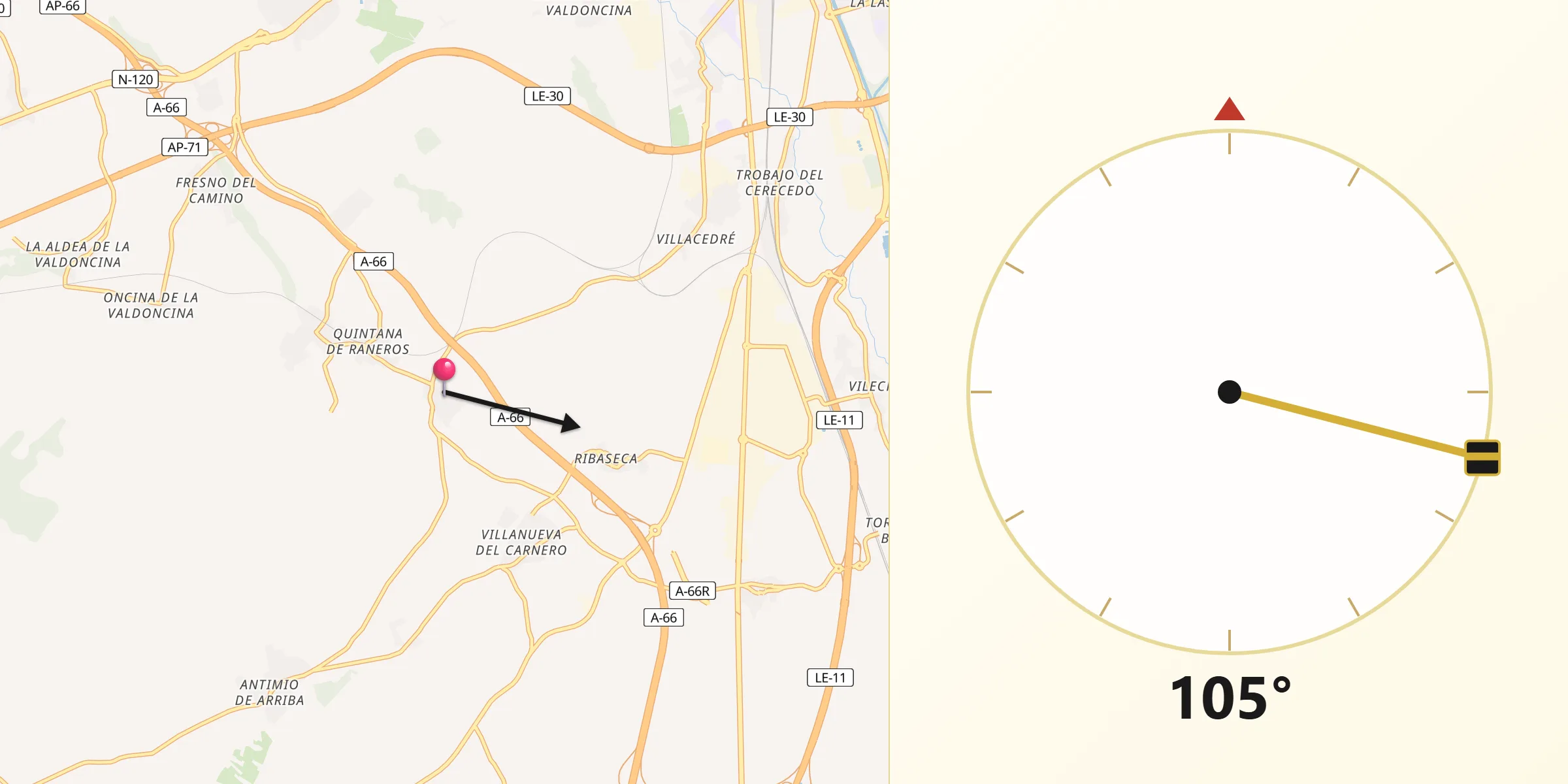 Dirección de la Qibla desde Santovenia de la Valdoncina