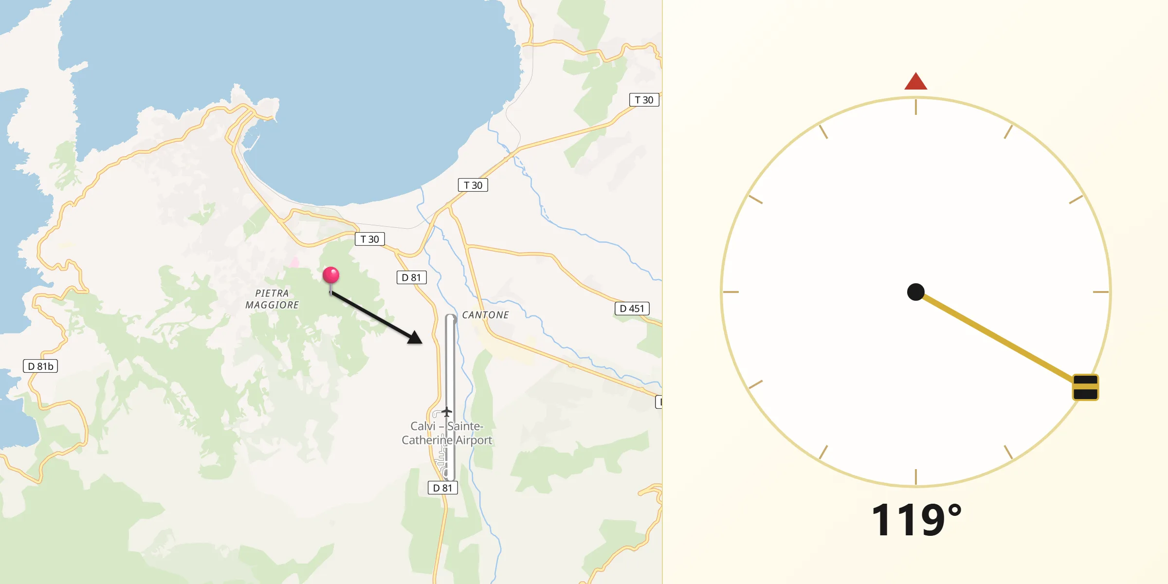 Direction vers la Qibla depuis Montegrosso