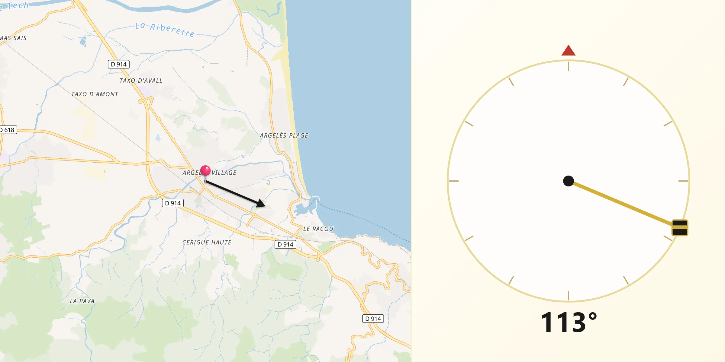 Direction vers la Qibla depuis Argelers