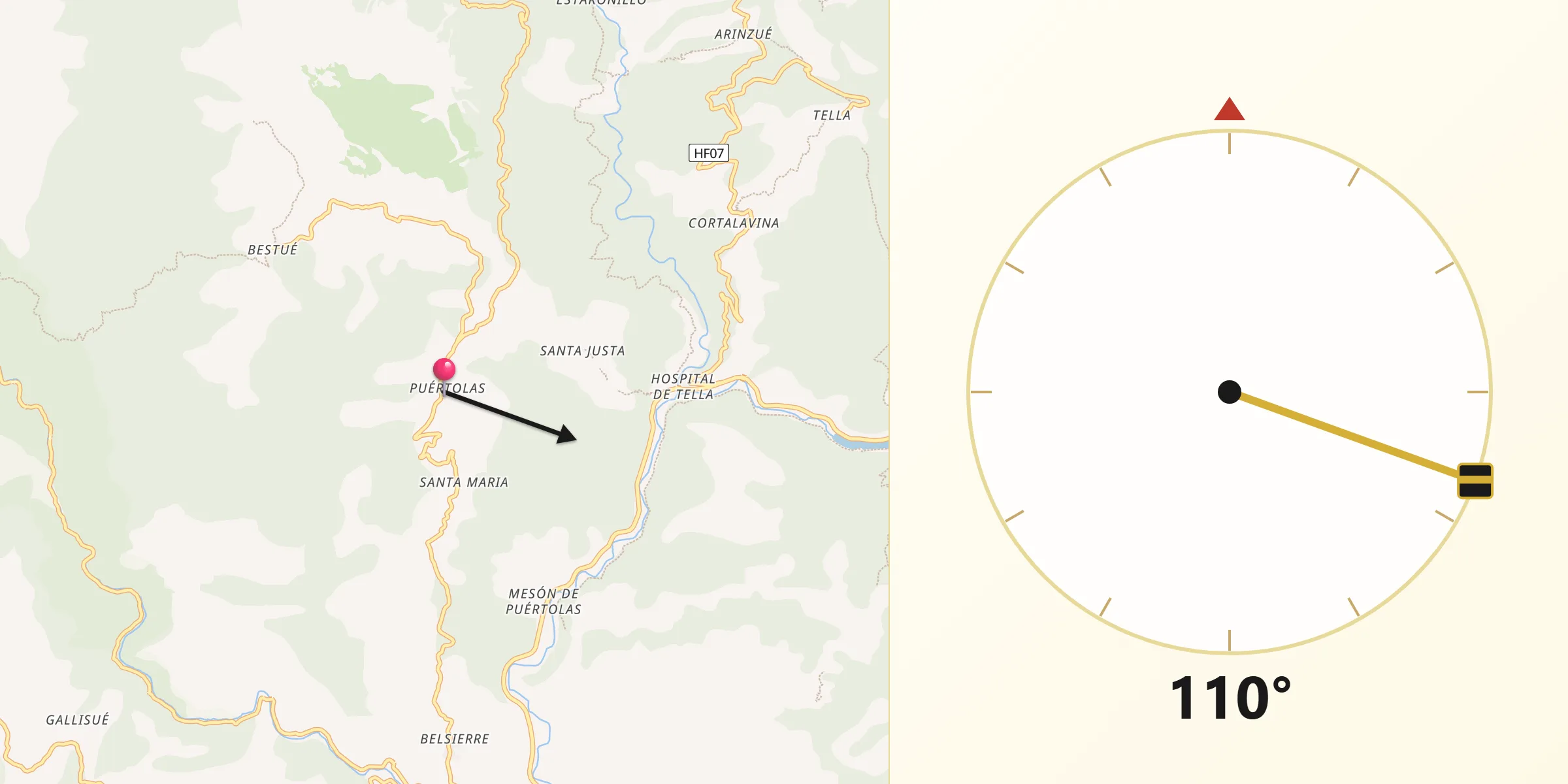 Dirección de la Qibla desde Puértolas