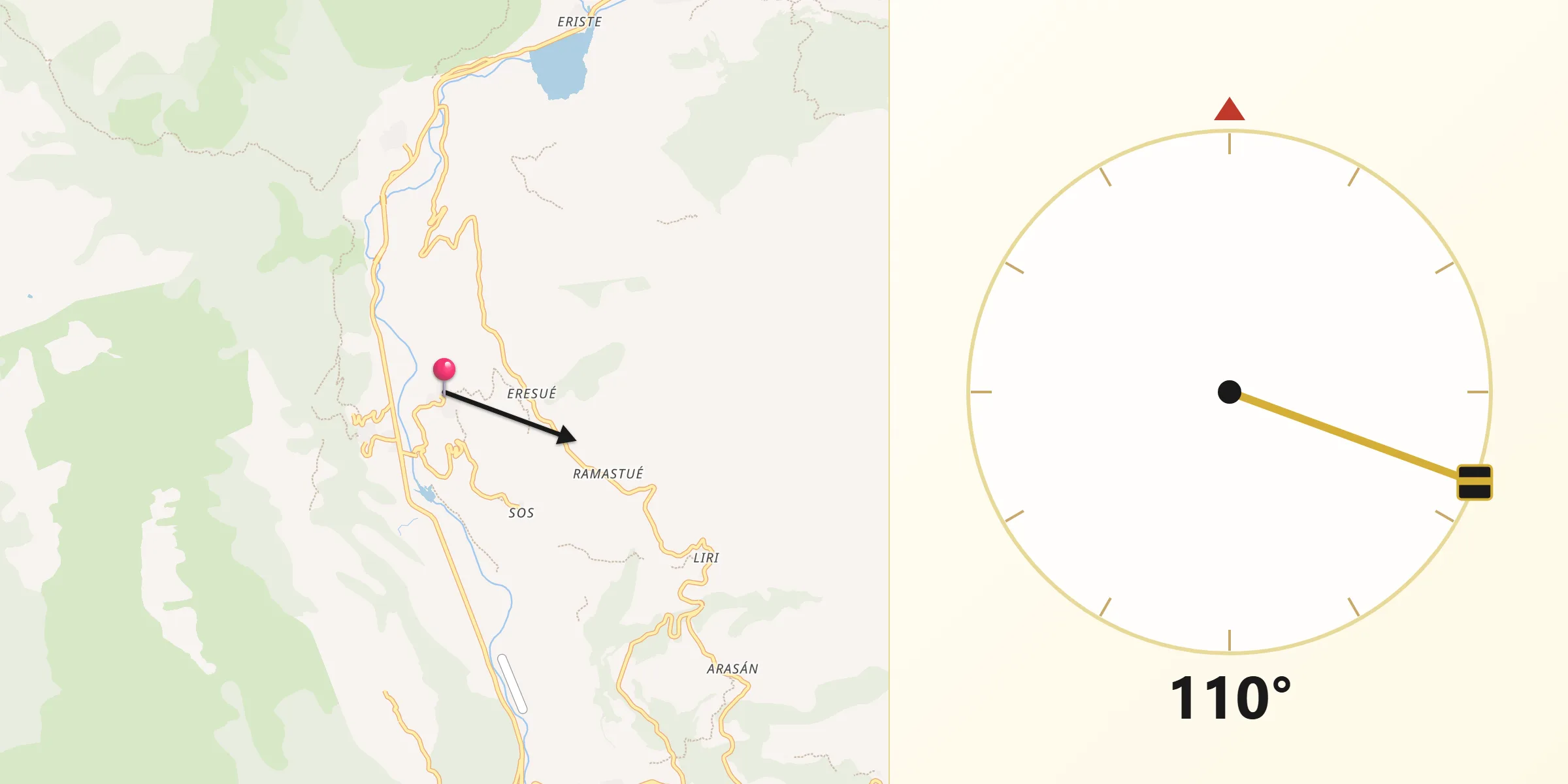Dirección de la Qibla desde Sesué