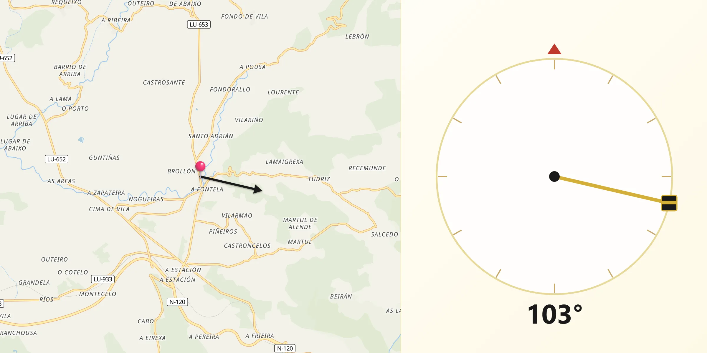 Dirección de la Qibla desde Pobra do Brollón A