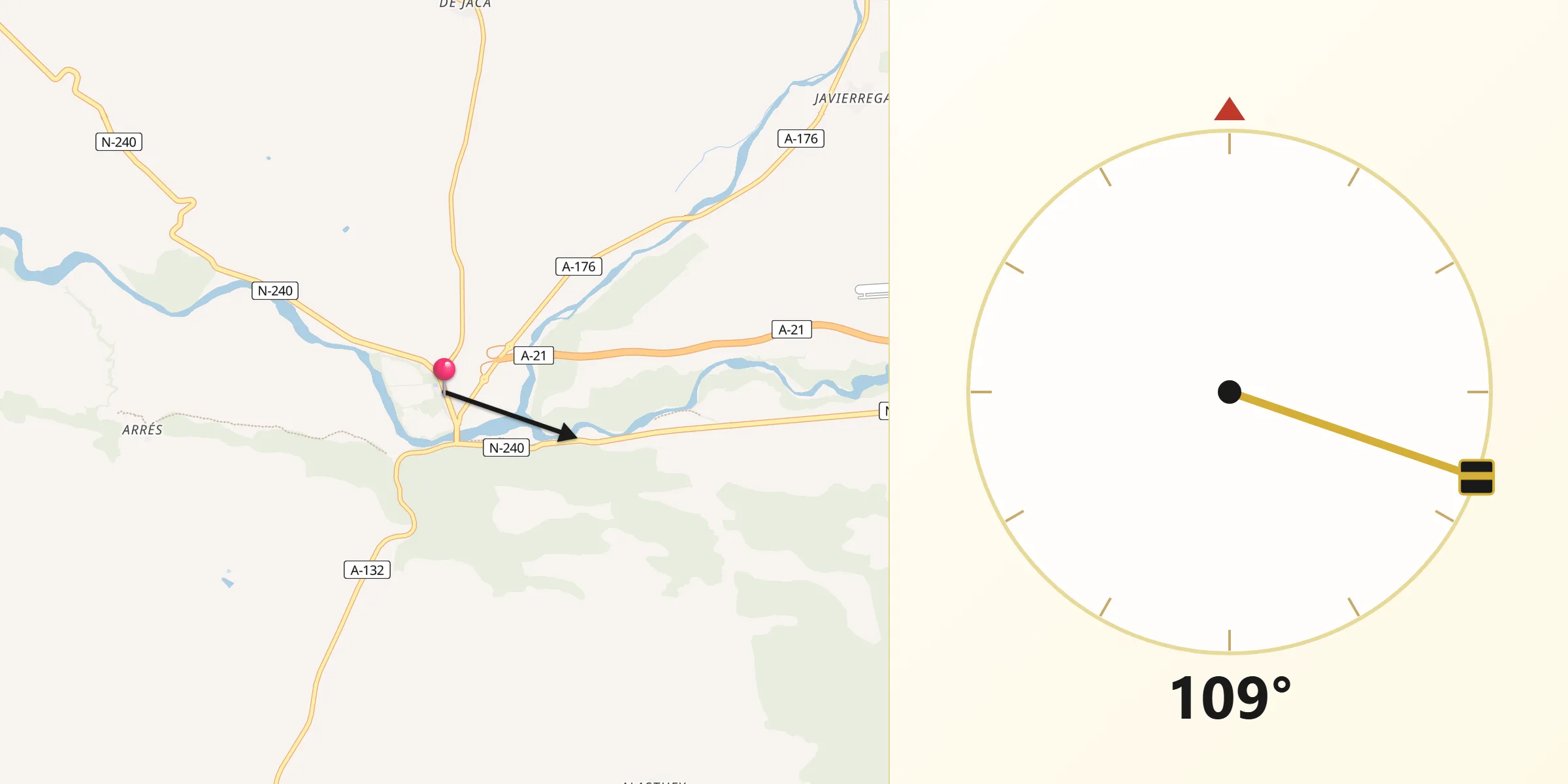 Dirección de la Qibla desde Puente la Reina de Jaca