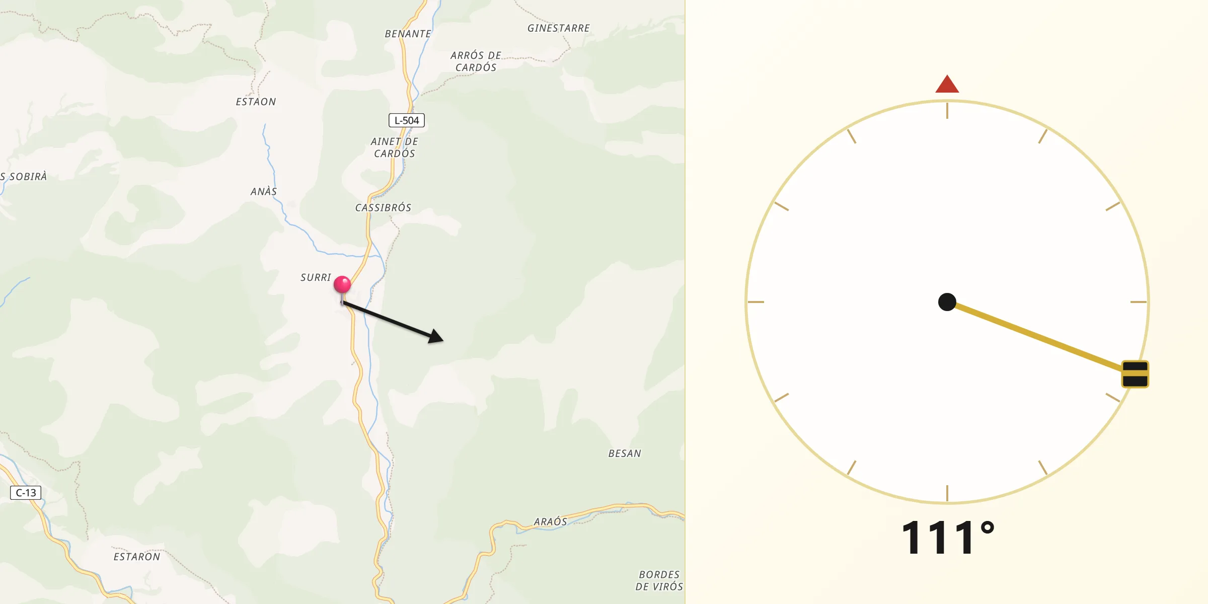 Dirección de la Qibla desde Vall de Cardós