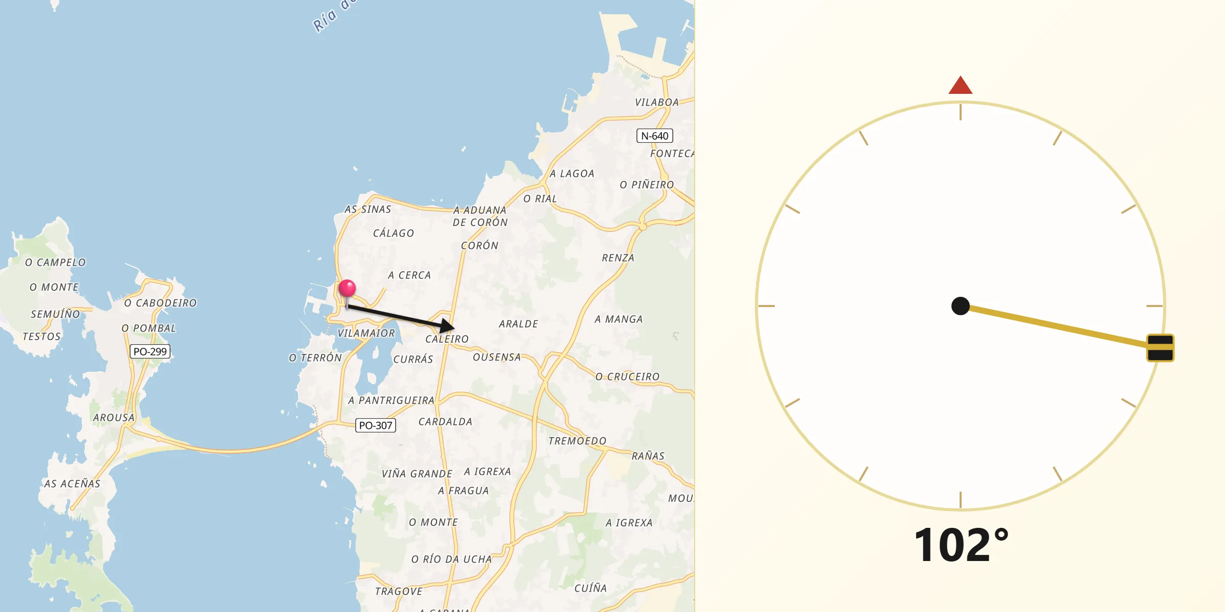 Dirección de la Qibla desde Vilanova de Arousa