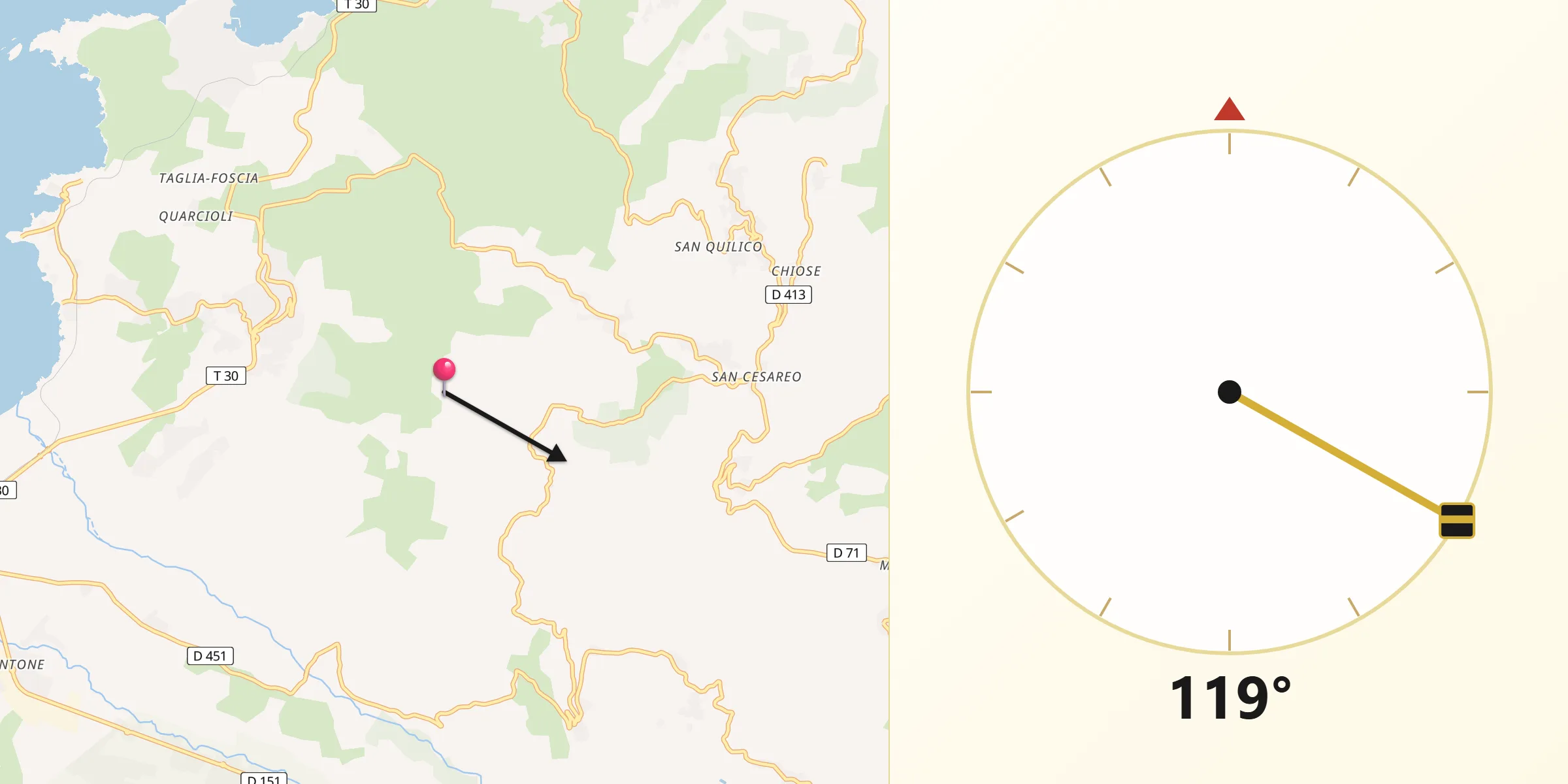 Direction vers la Qibla depuis Cateri