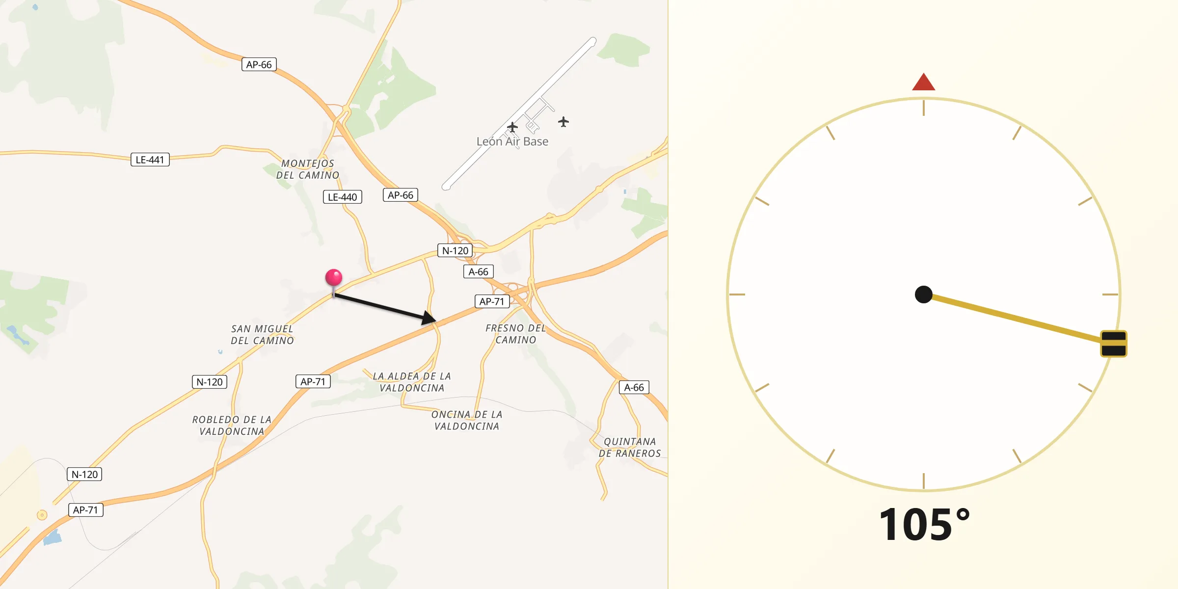Dirección de la Qibla desde Valverde de la Virgen