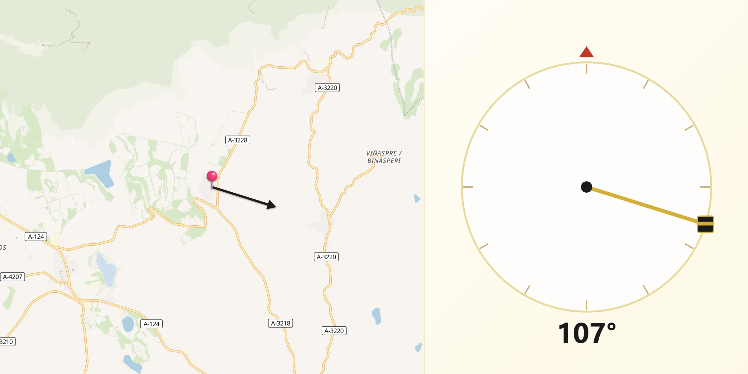 Dirección de la Qibla desde Elvillar/Bilar