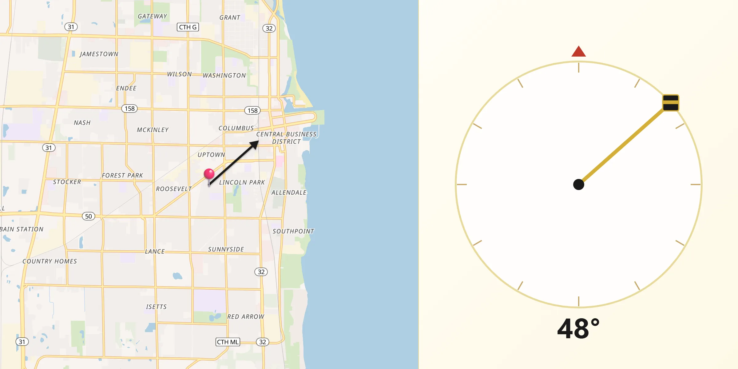 Qibla Direction from Kenosha County