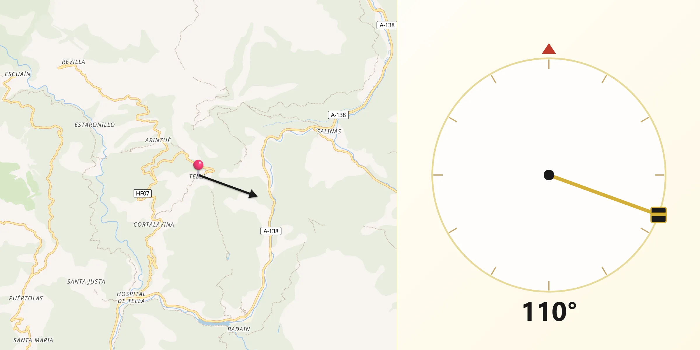Dirección de la Qibla desde Tella-Sin