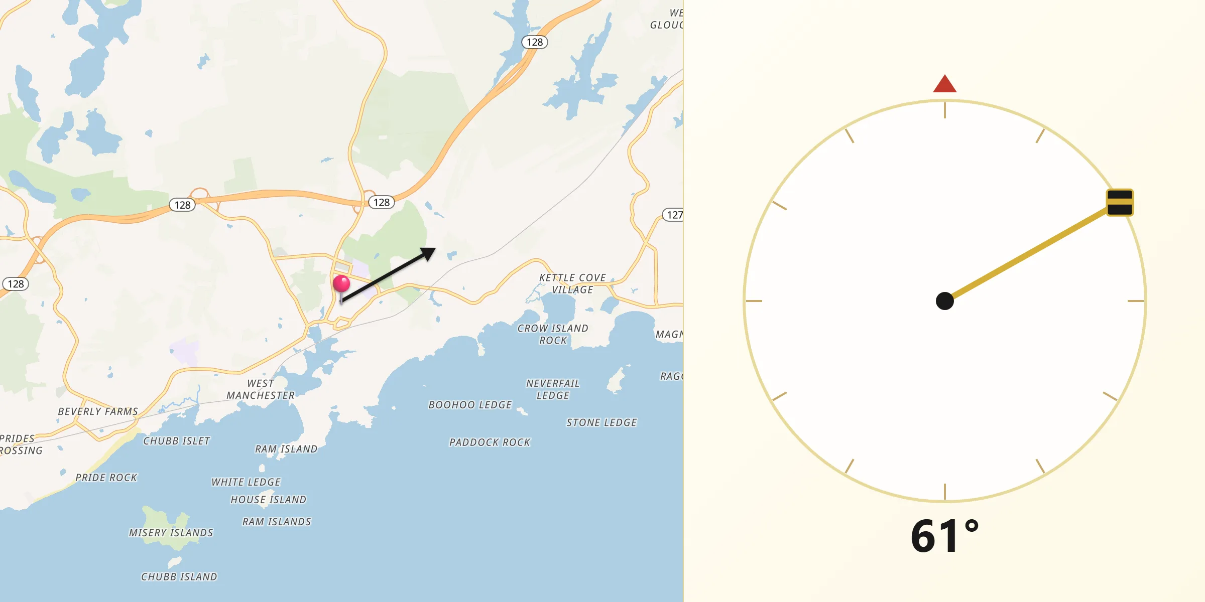 Qibla Direction from Manchester-by-the-Sea