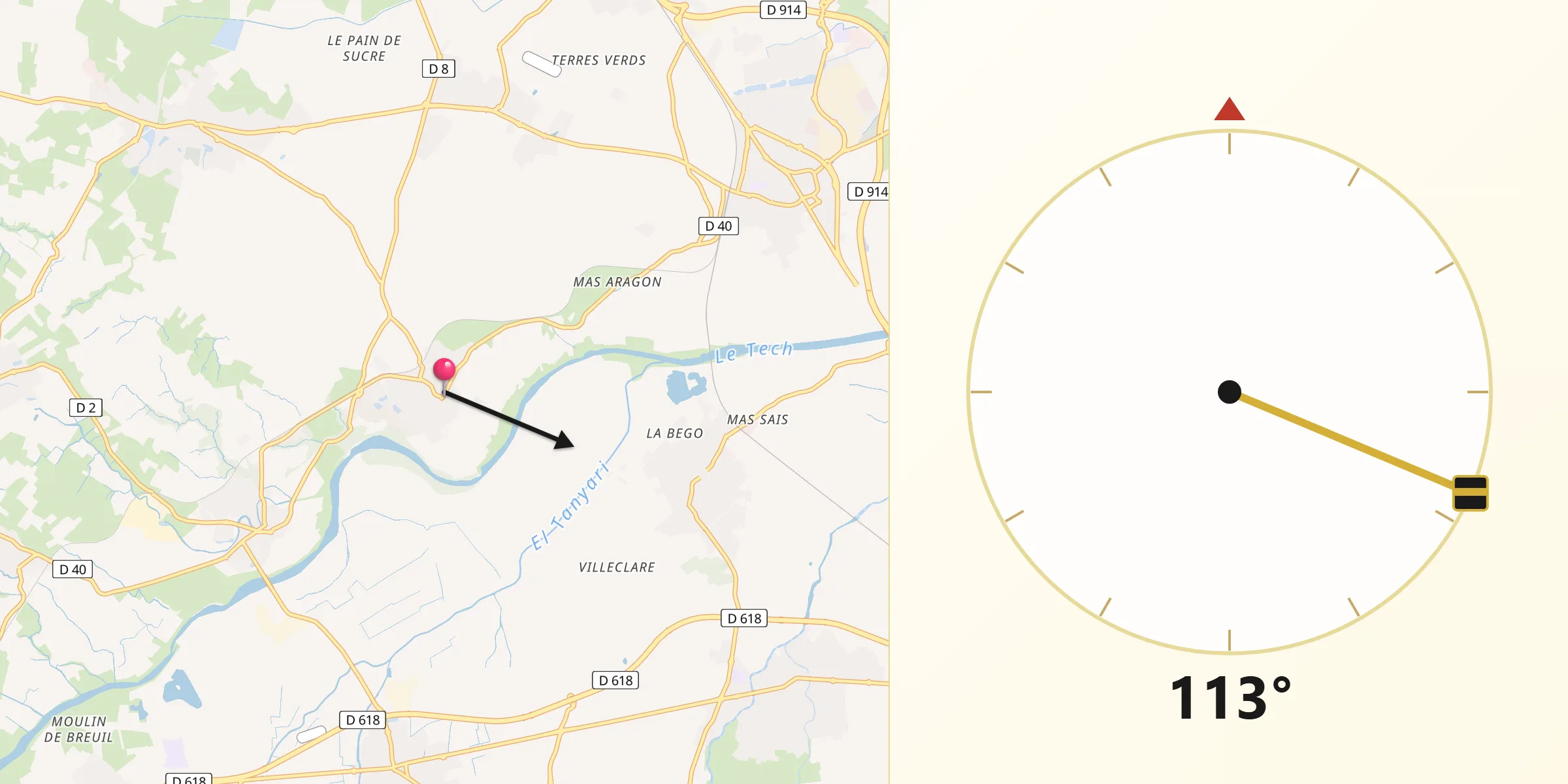 Direction vers la Qibla depuis Ortaffa