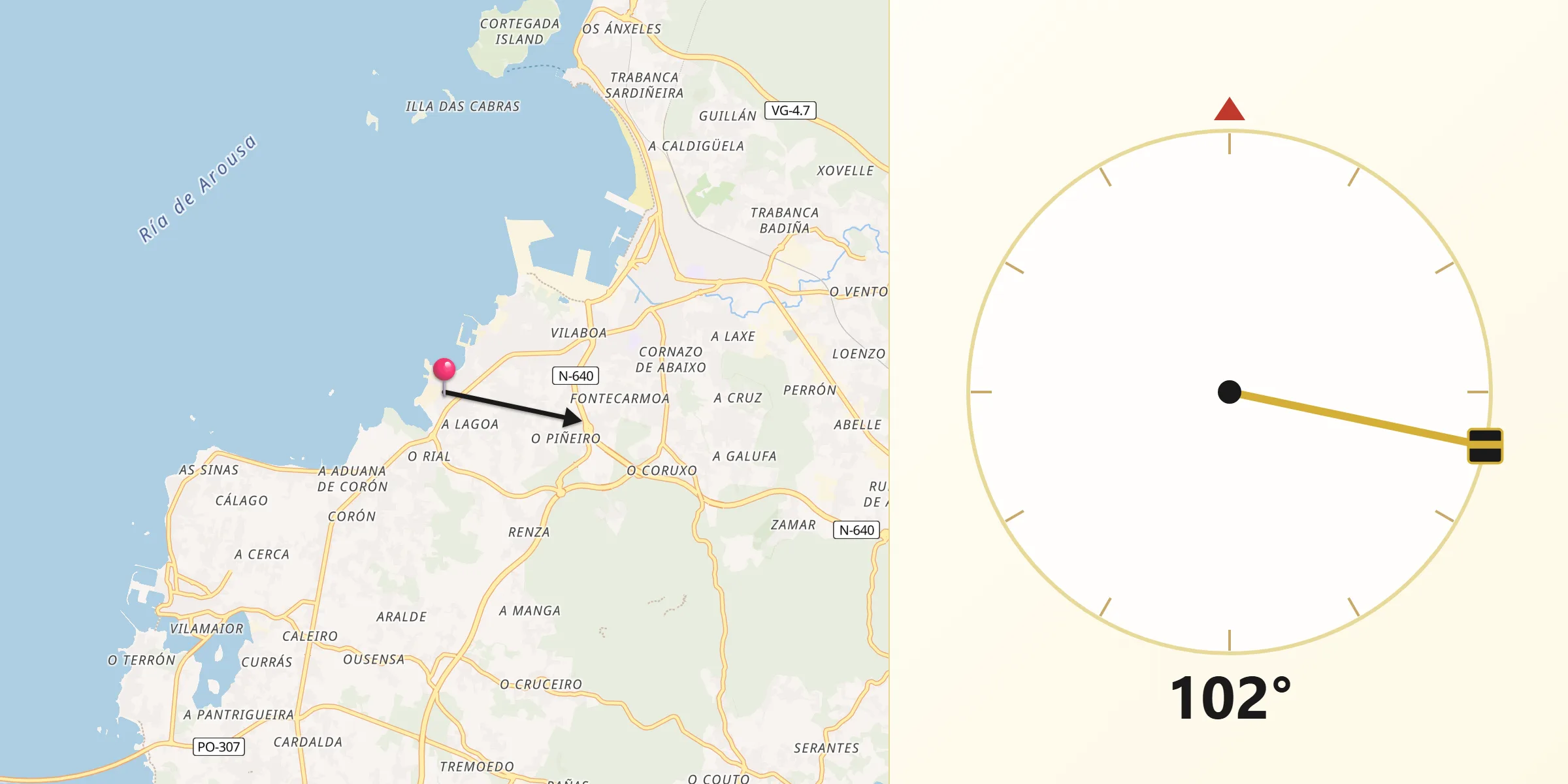 Dirección de la Qibla desde Vilaxoán