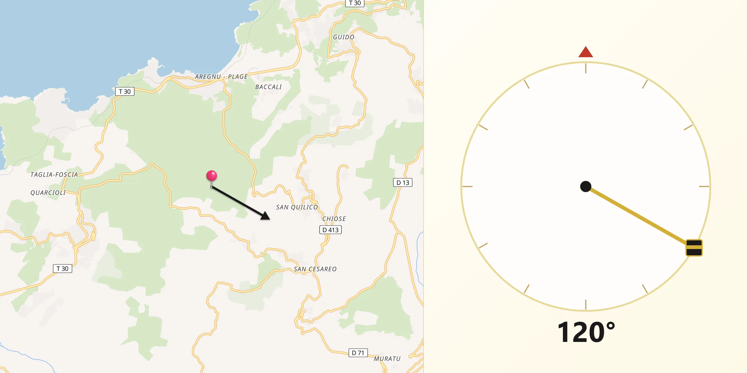 Direction vers la Qibla depuis Sant'Antonino