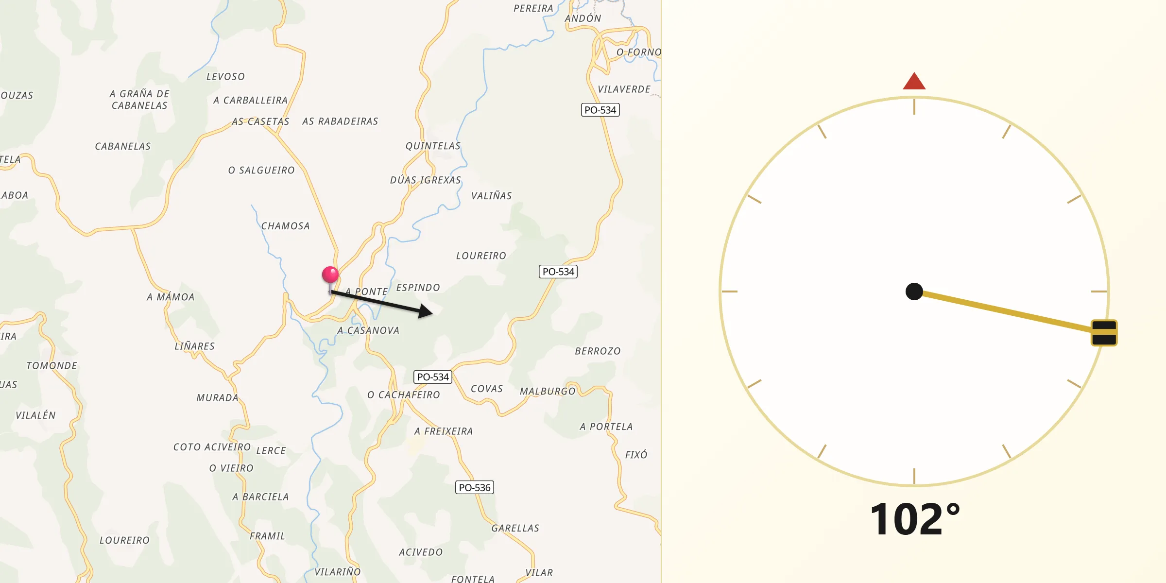Dirección de la Qibla desde Forcarei