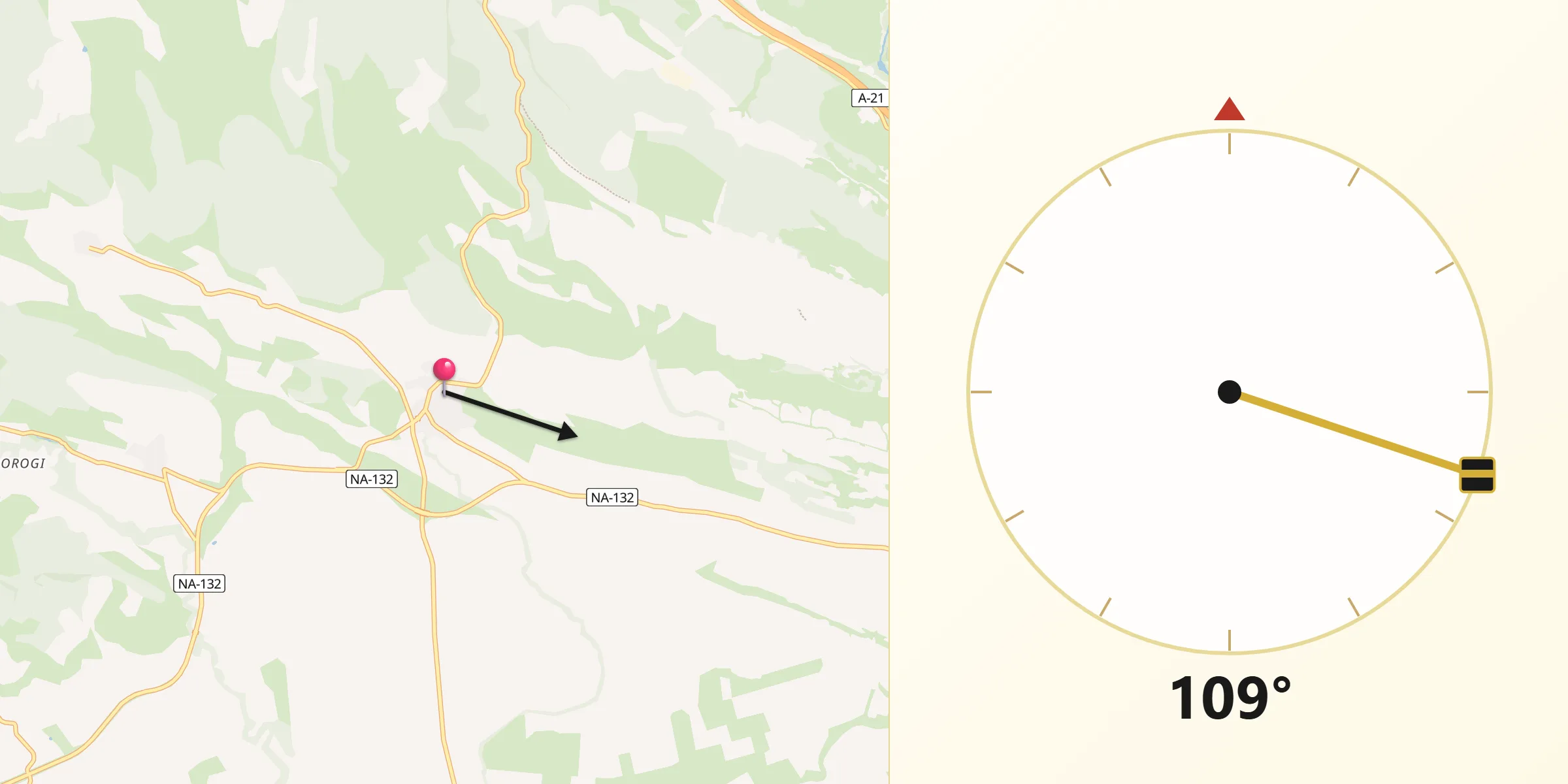 Dirección de la Qibla desde Aibar/Oibar