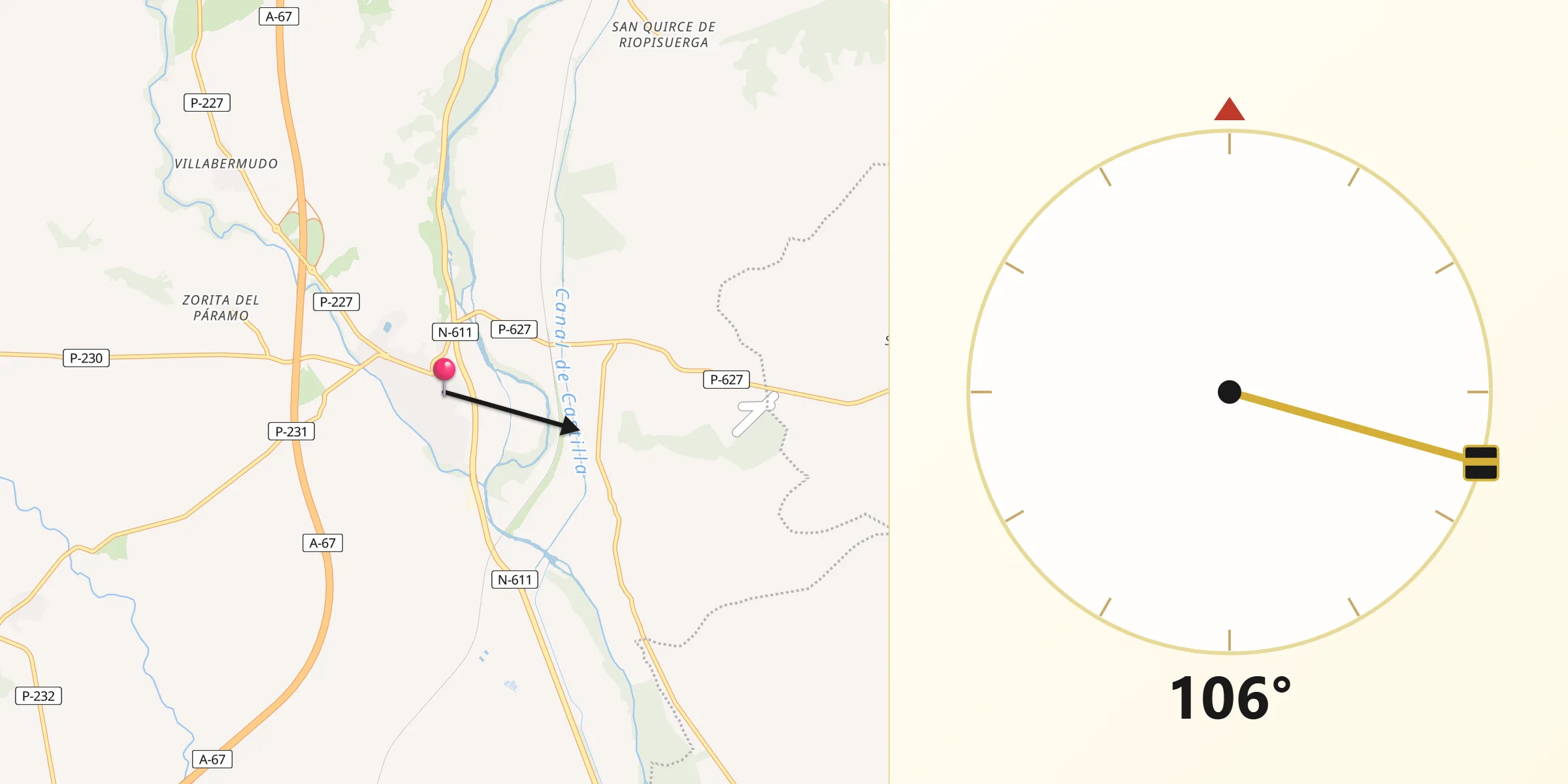 Dirección de la Qibla desde Herrera de Pisuerga