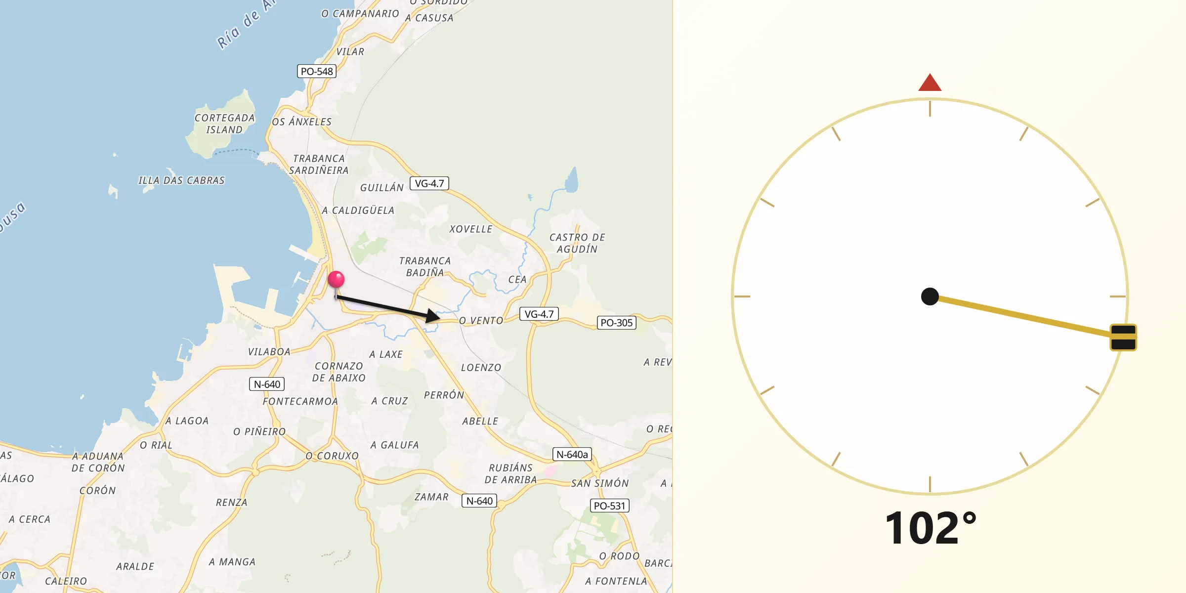Dirección de la Qibla desde Vilagarcía de Arousa