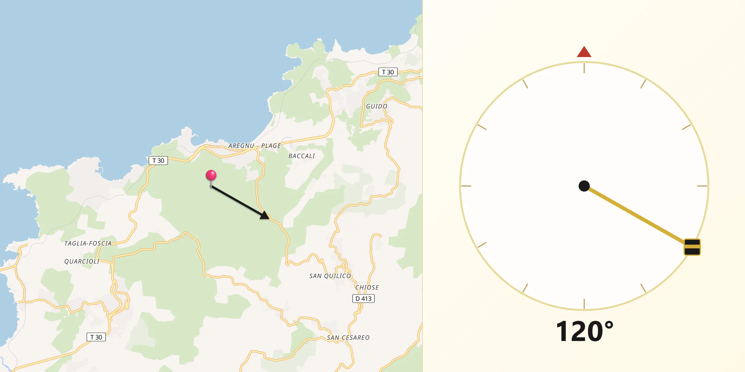 Direction vers la Qibla depuis Pigna