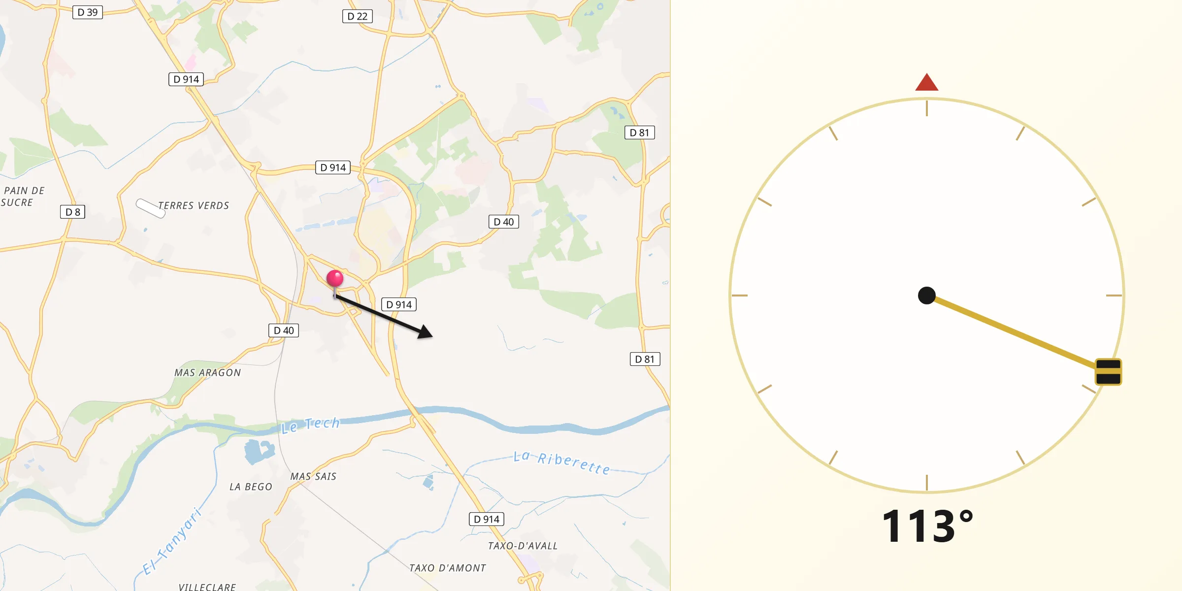 Direction vers la Qibla depuis Elne