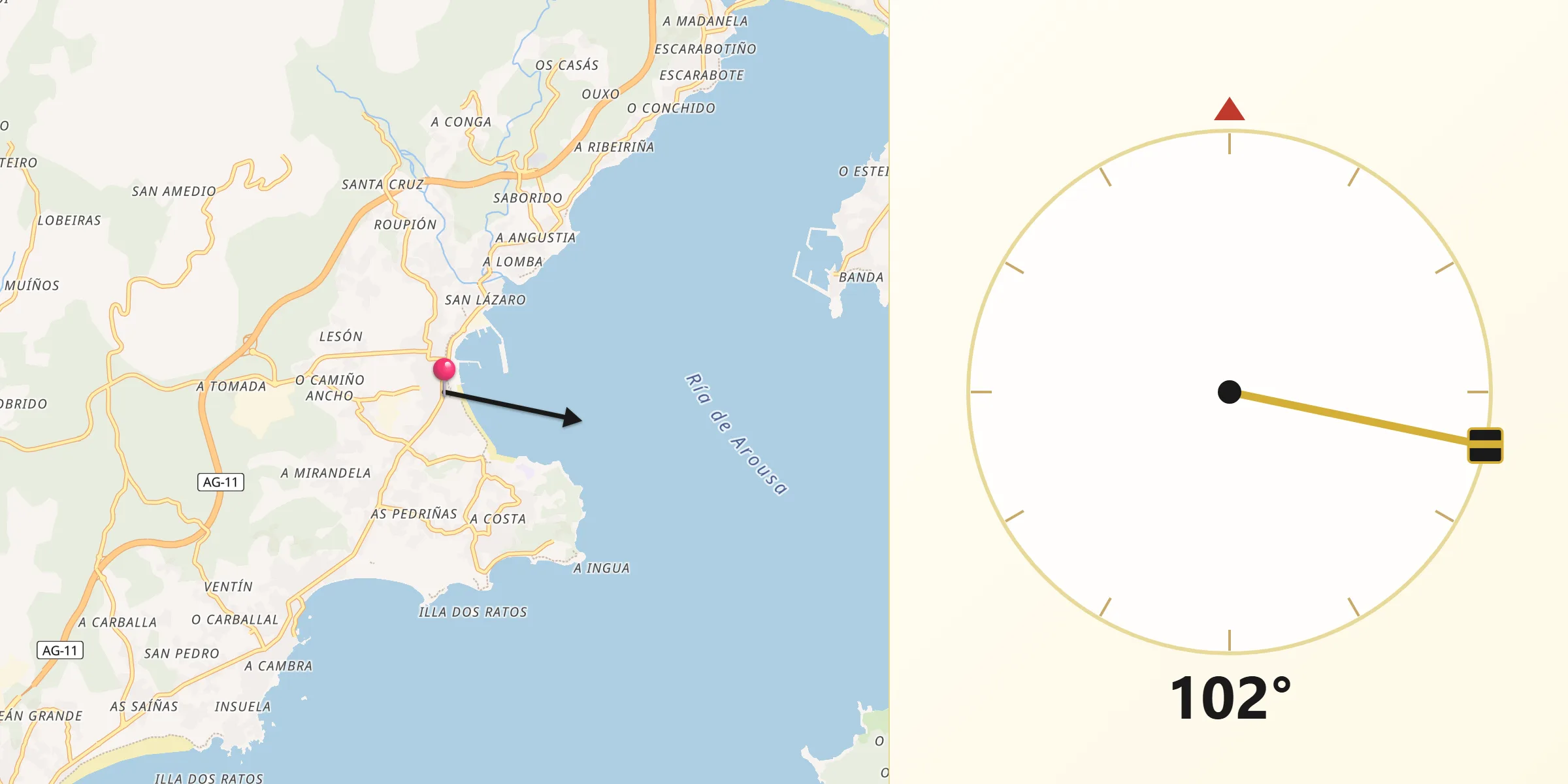 Dirección de la Qibla desde Pobra do Caramiñal A