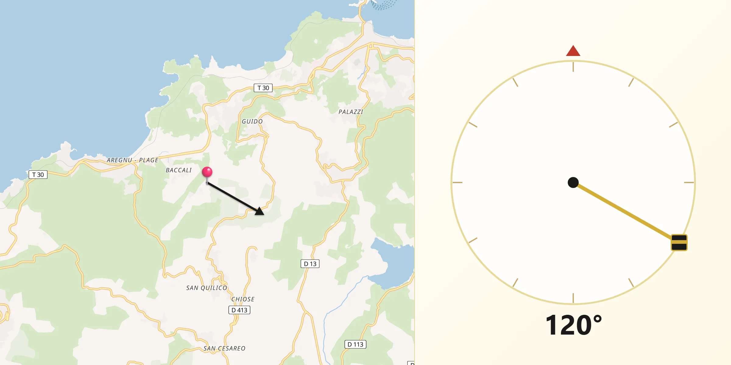 Direction vers la Qibla depuis Santa-Reparata-di-Balagna