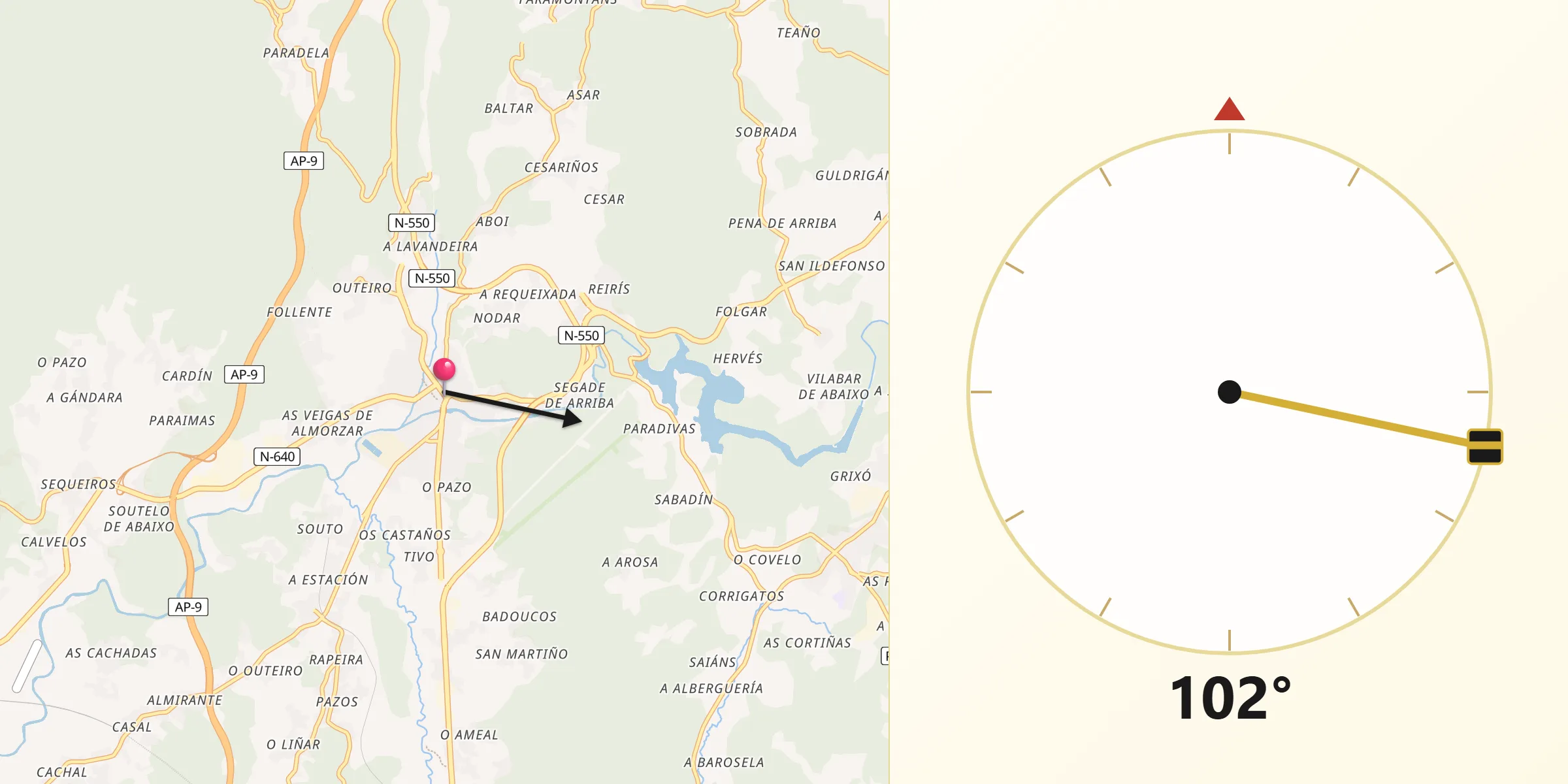 Dirección de la Qibla desde Caldas de Reis