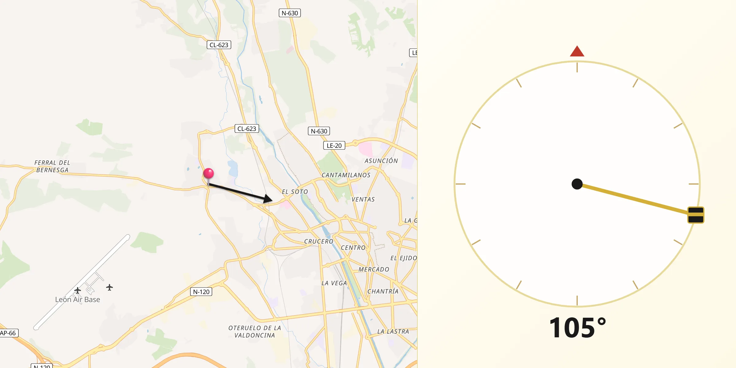 Dirección de la Qibla desde San Andrés del Rabanedo