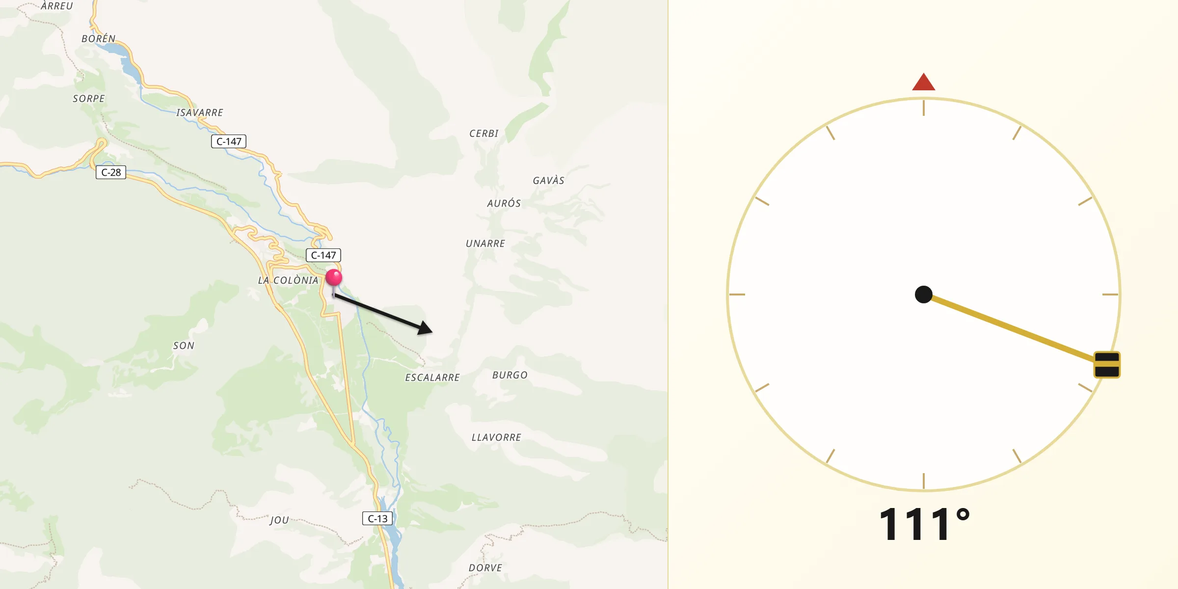 Dirección de la Qibla desde Esterri d'Àneu