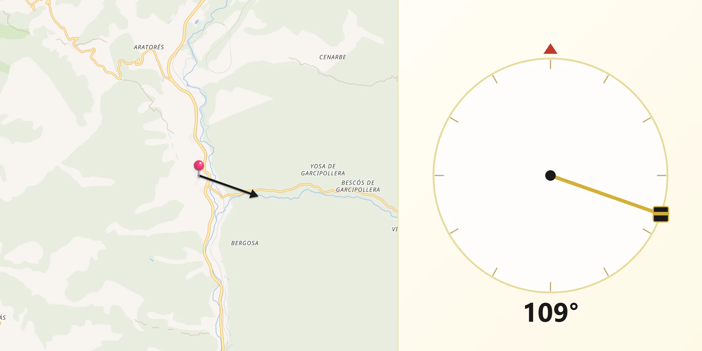 Dirección de la Qibla desde Castiello de Jaca