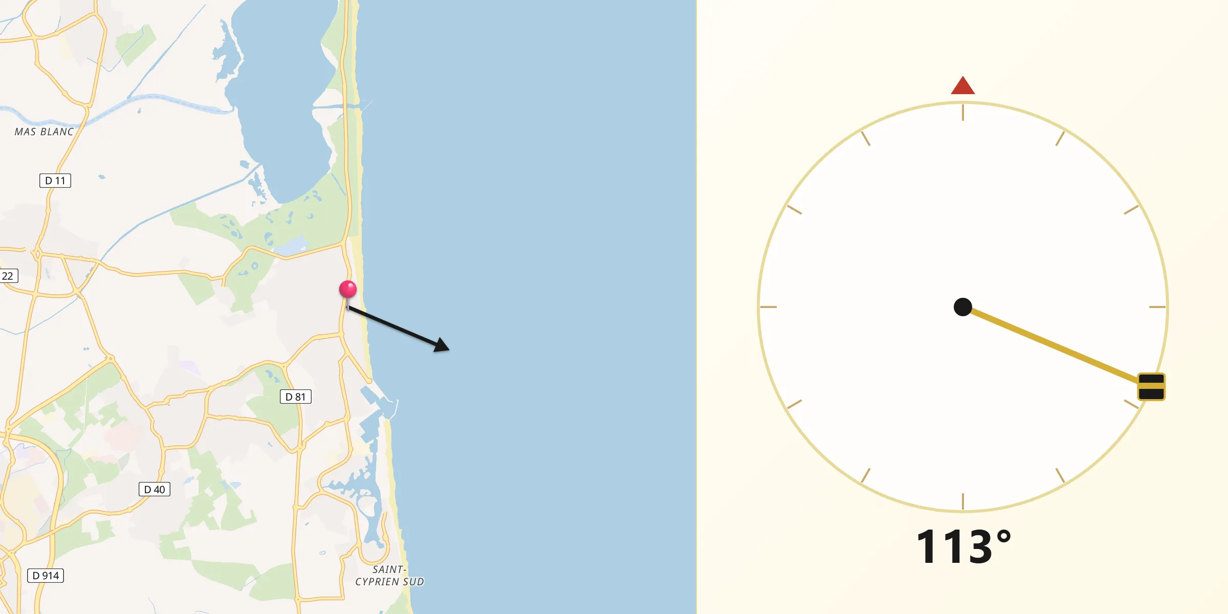 Direction vers la Qibla depuis Saint-Cyprien-Plage