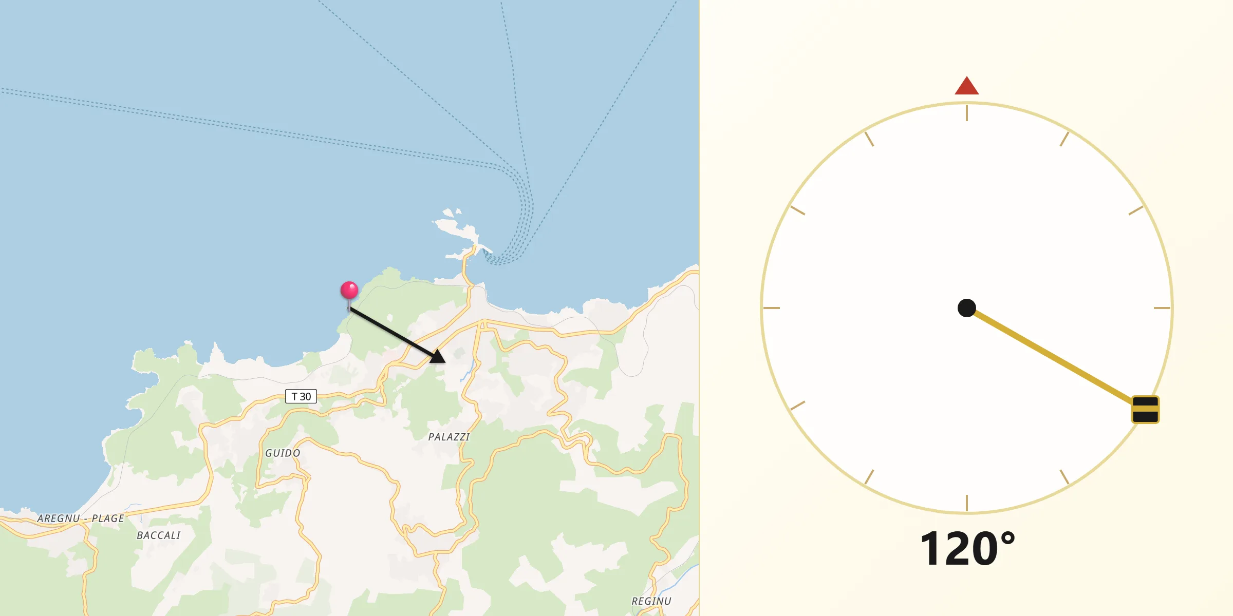 Direction vers la Qibla depuis L'Île-Rousse