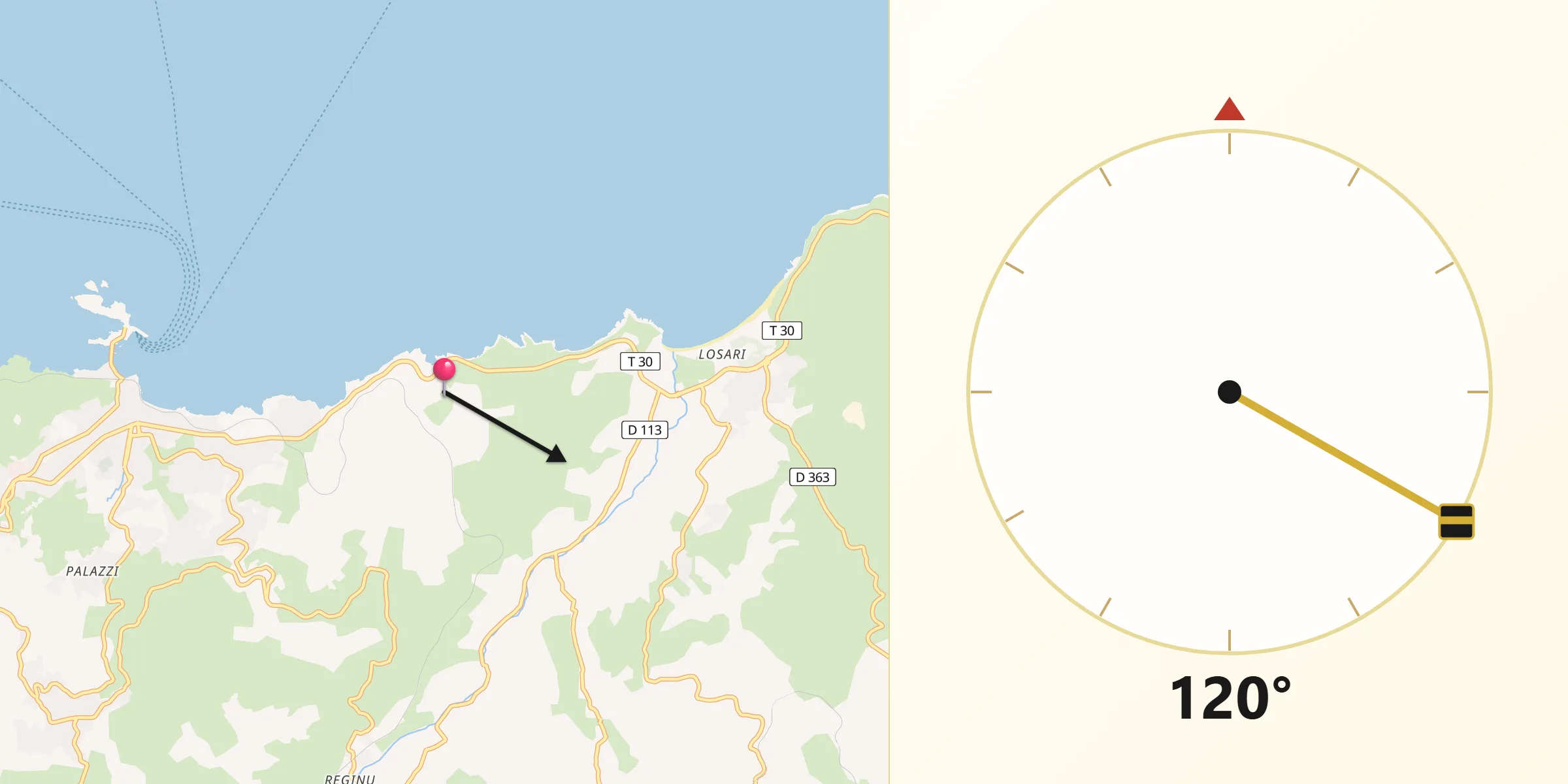 Direction vers la Qibla depuis Palasca