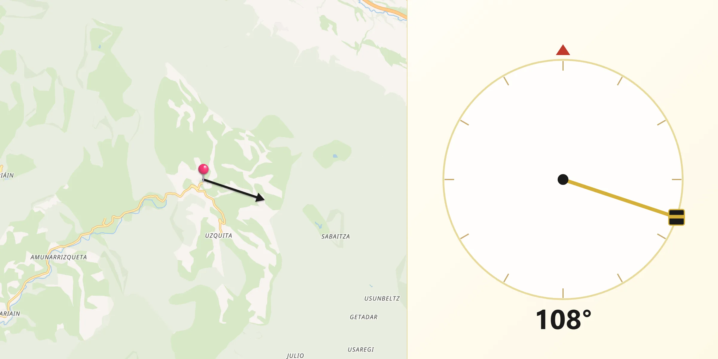 Dirección de la Qibla desde Leoz/Leotz