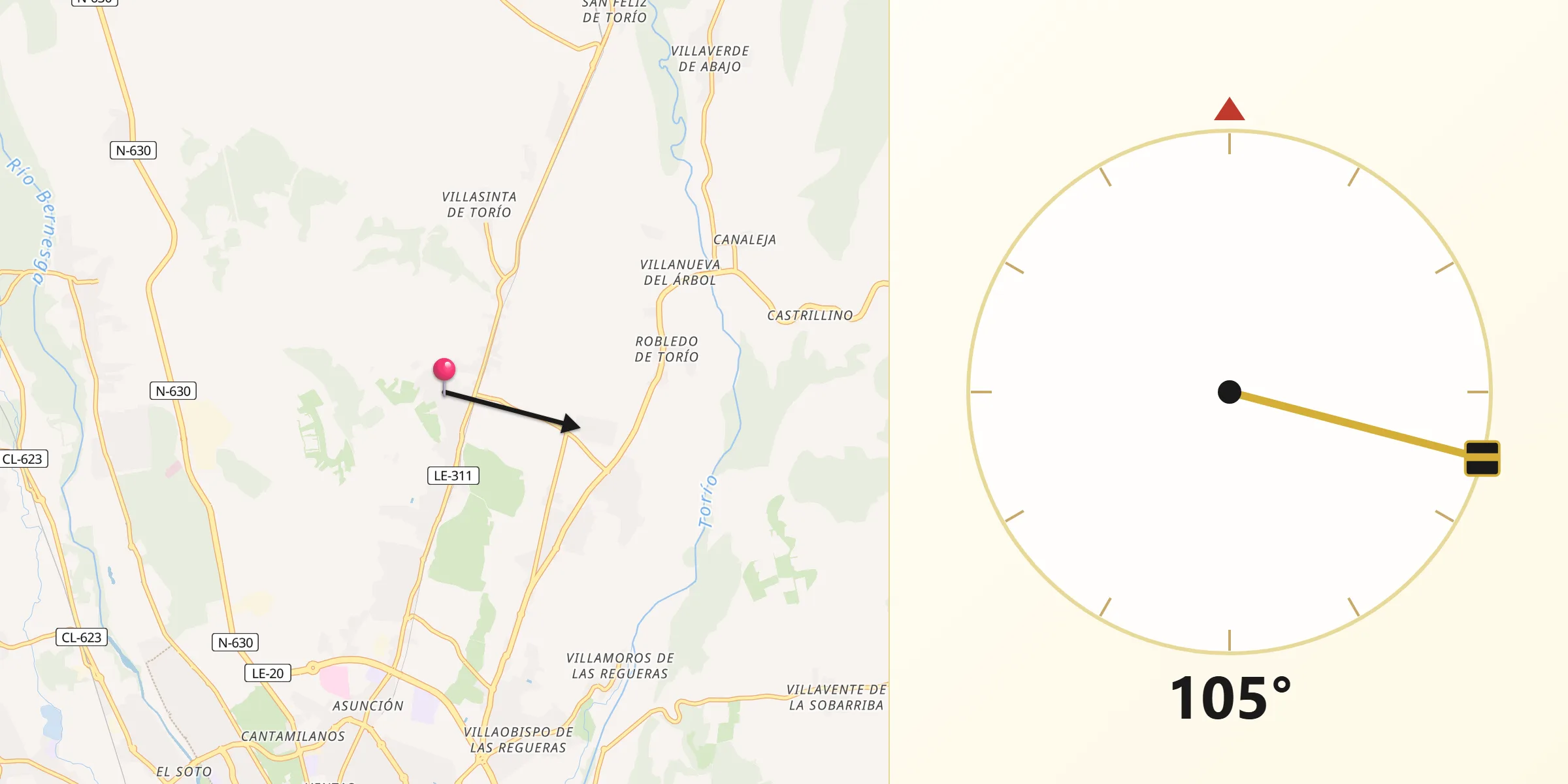 Dirección de la Qibla desde Villaquilambre