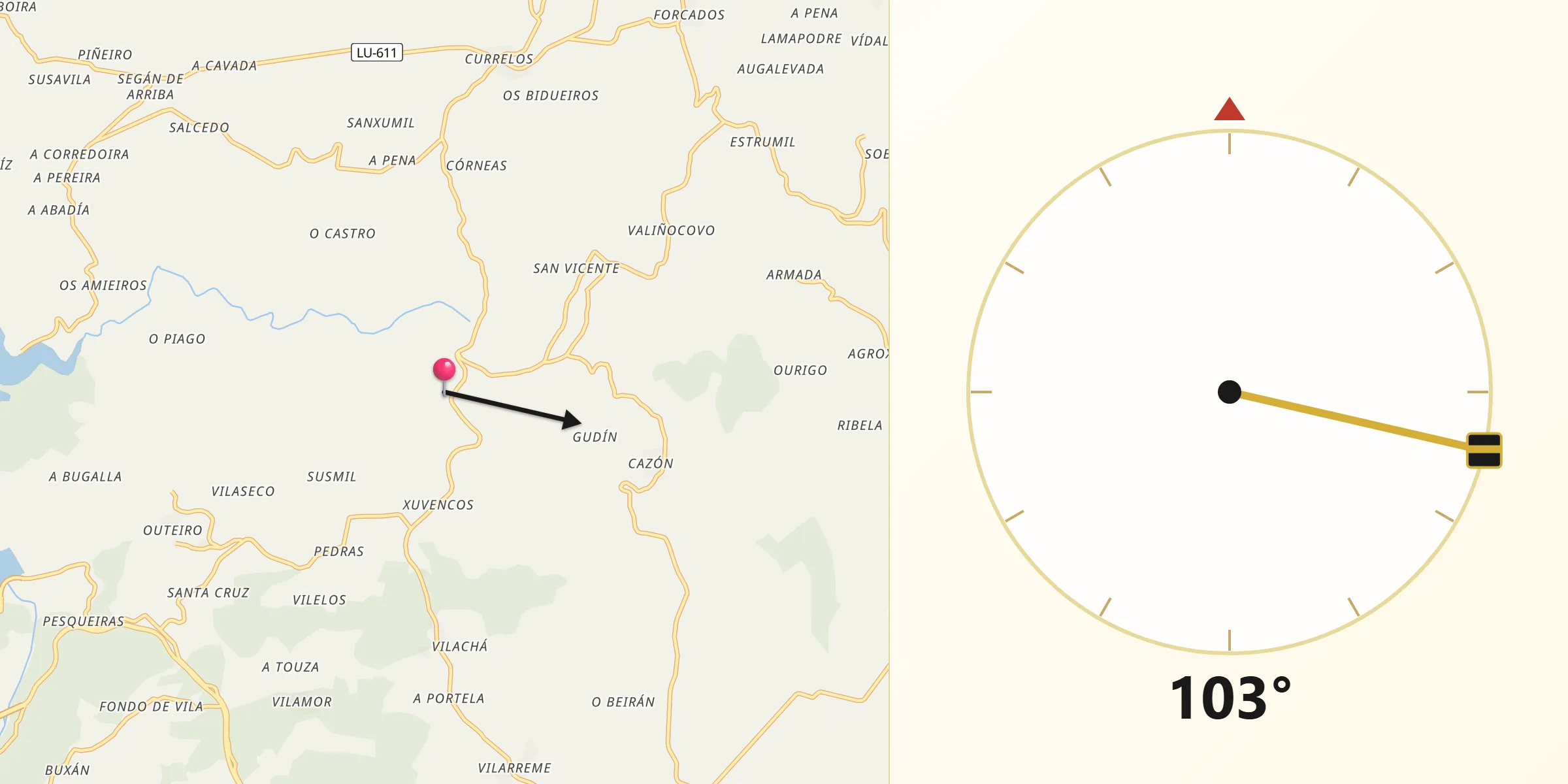 Dirección de la Qibla desde Saviñao O