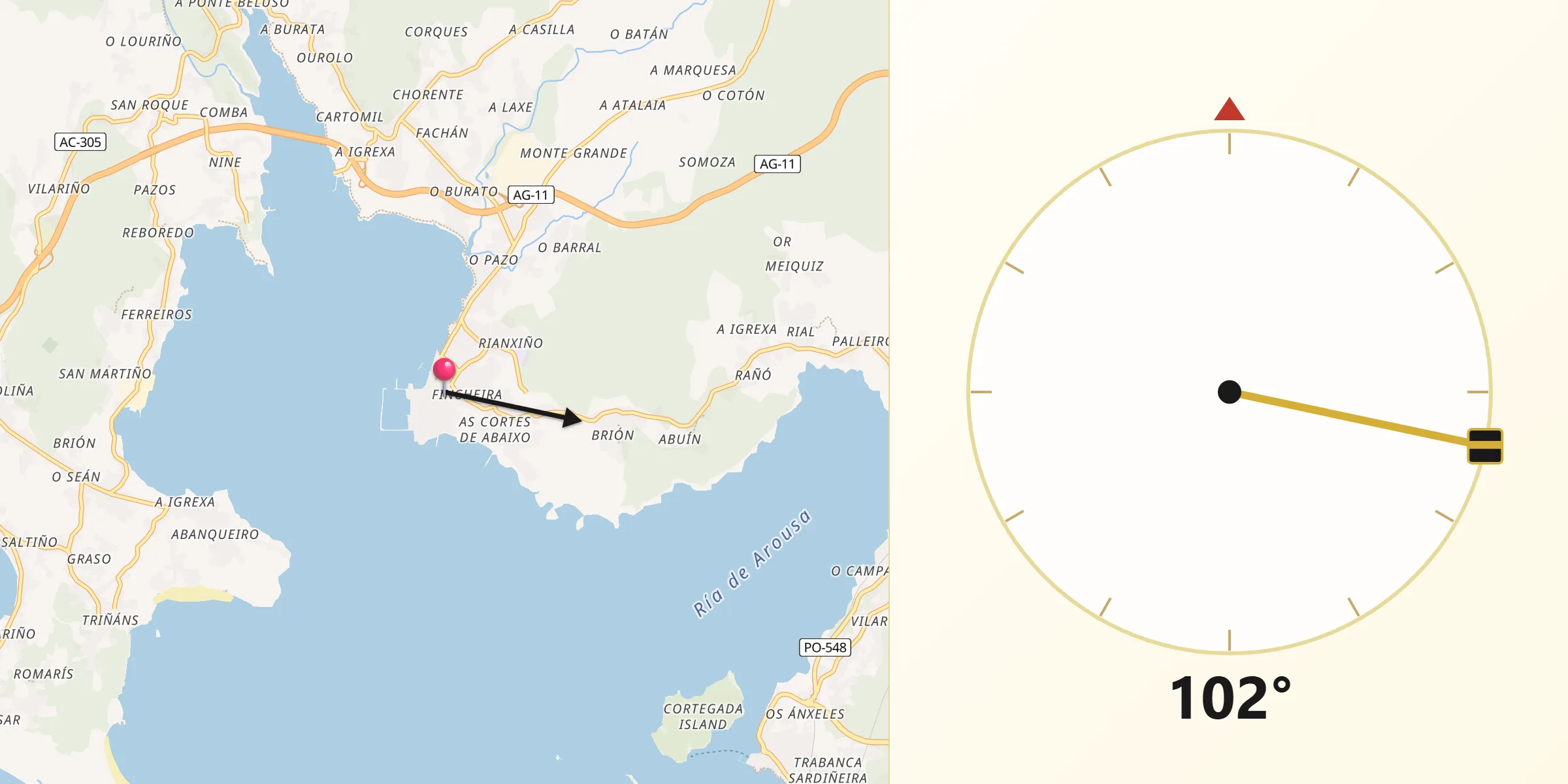 Dirección de la Qibla desde Rianxo