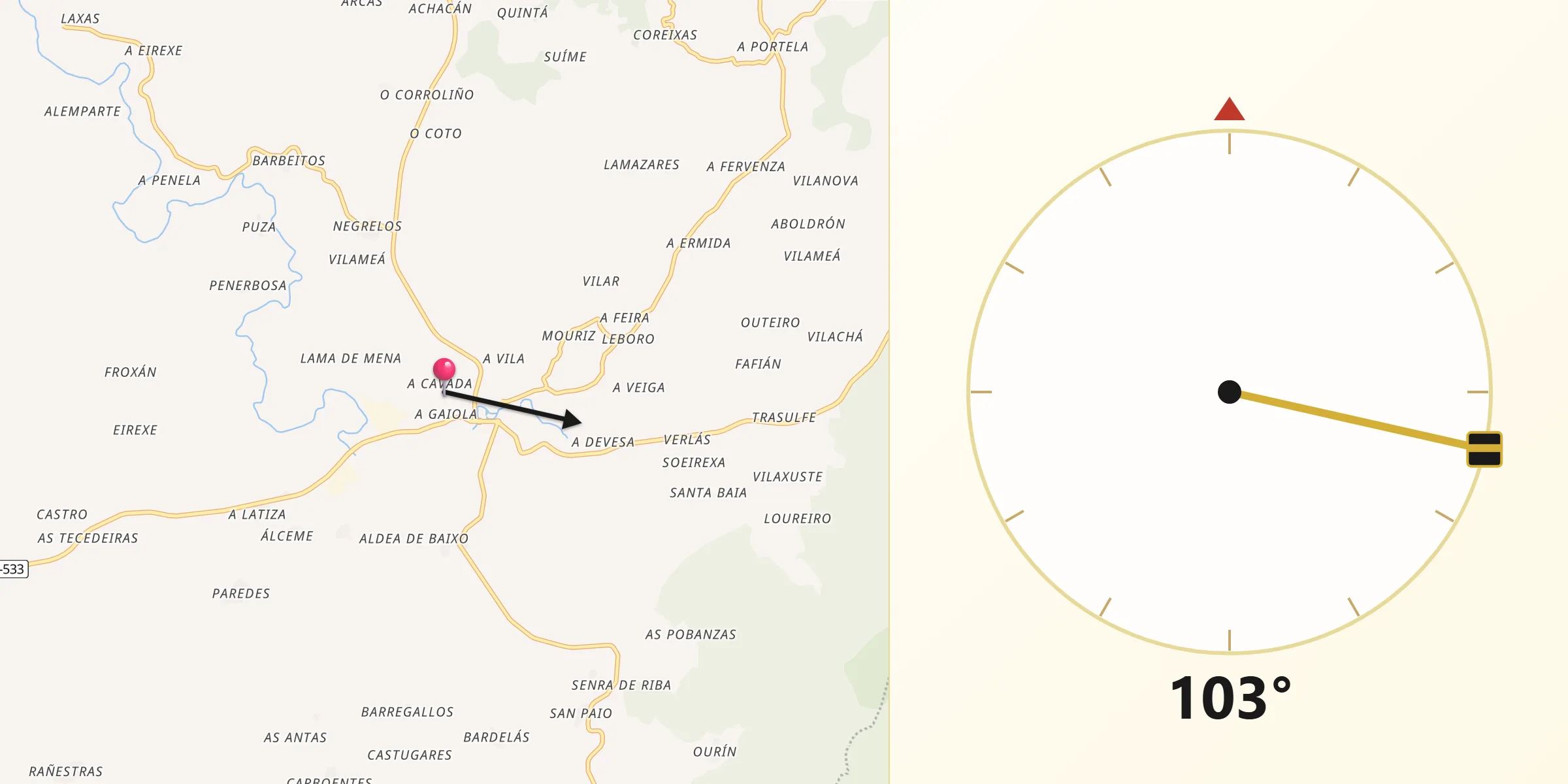 Dirección de la Qibla desde Rodeiro