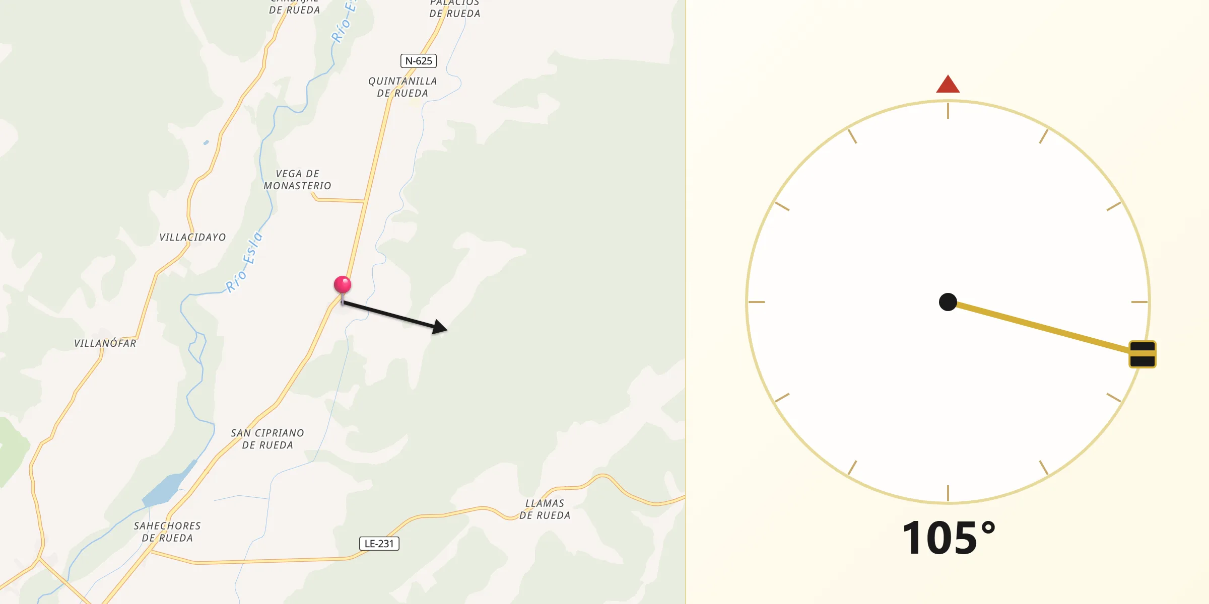 Dirección de la Qibla desde Cubillas de Rueda