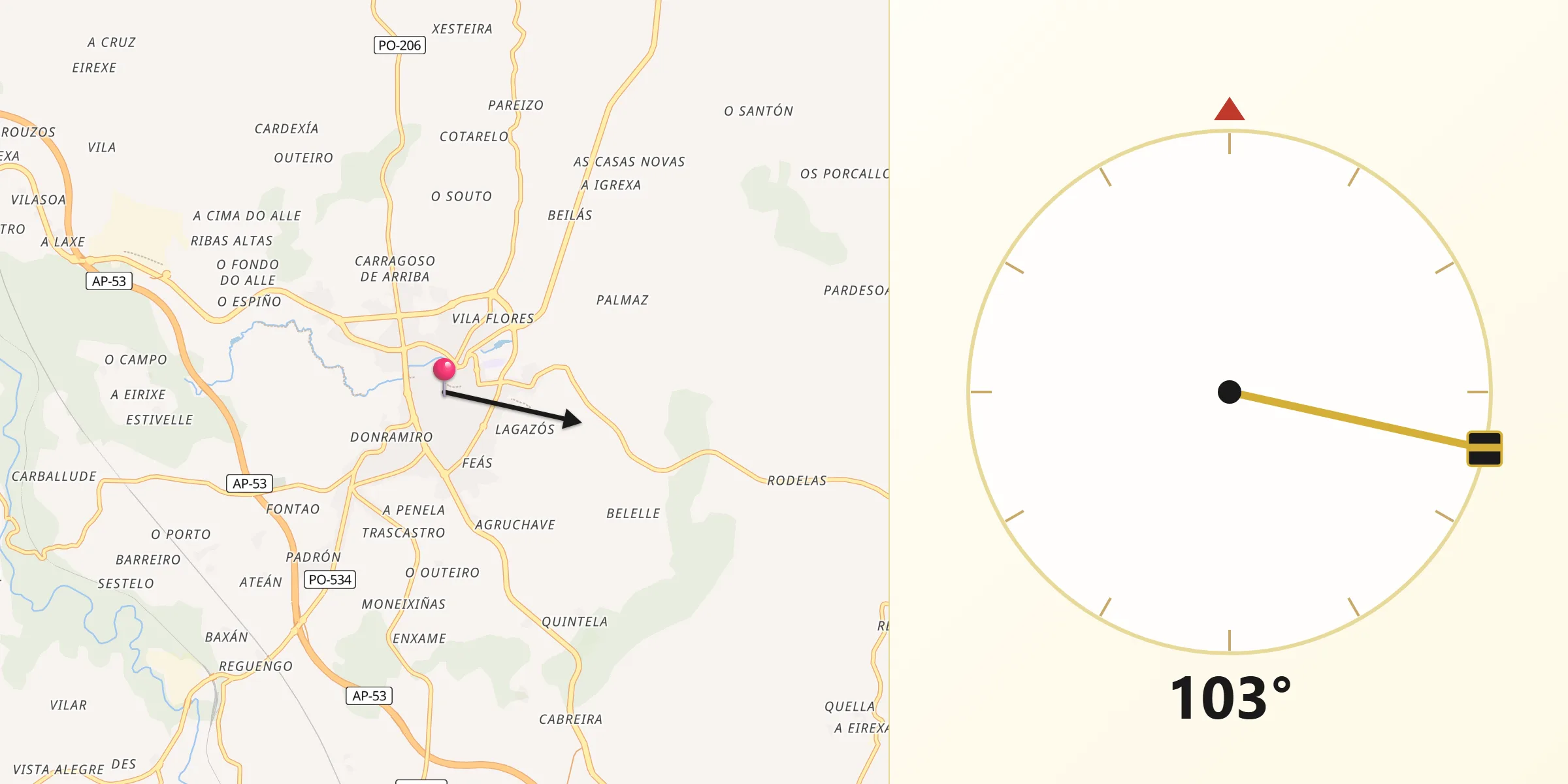 Dirección de la Qibla desde Lalín
