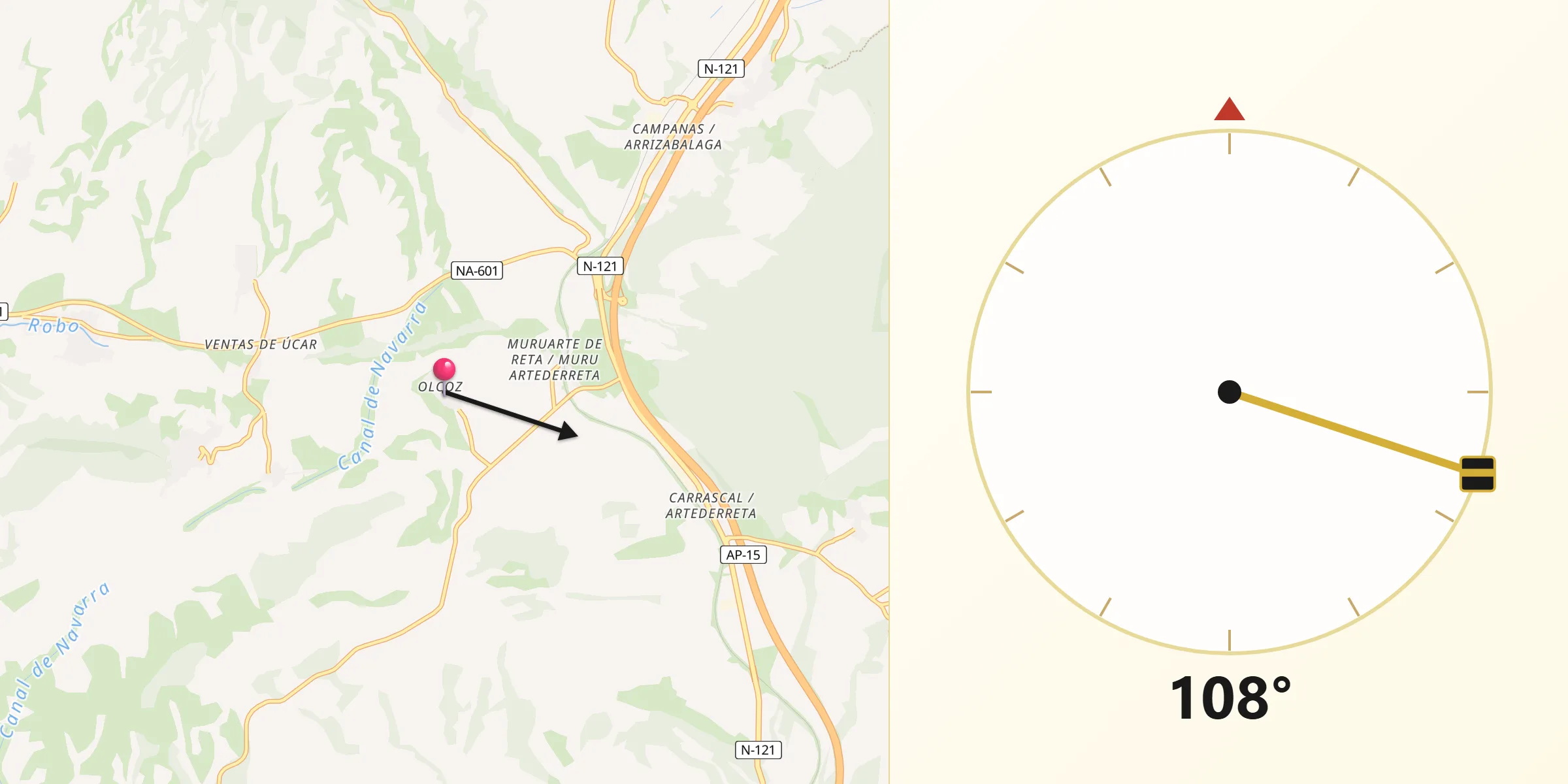 Dirección de la Qibla desde Biurrun-Olcoz